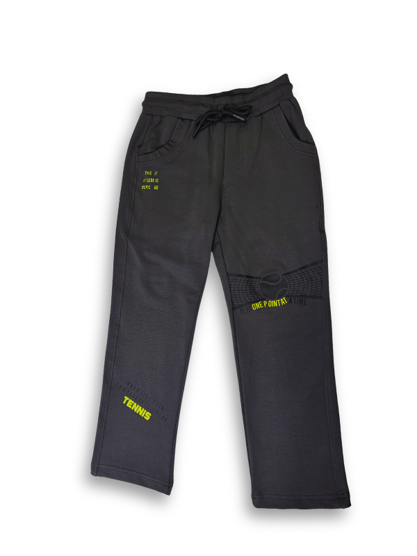 Boys' dark charcoal grey knit or fleece track pants with an elastic waist, pockets, and neon yellow "TENNIS" and tennis ball graphics on the legs.
Export to Sheets