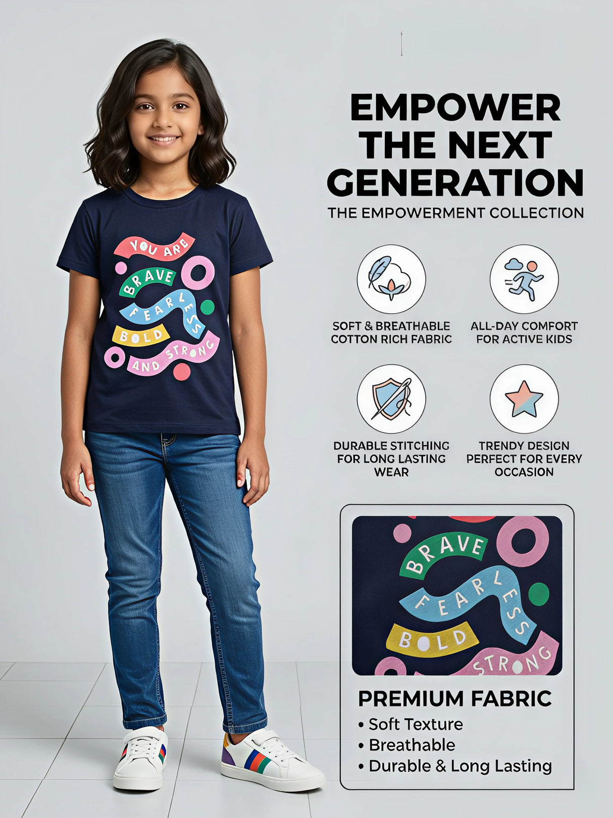 Empower Graphic Crew Neck Daily Wear for Girls - Navy Blue