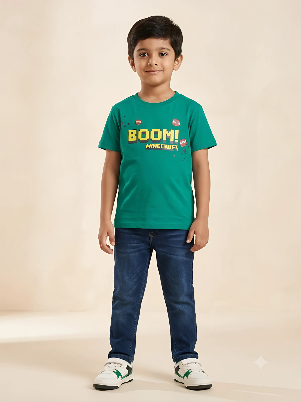 Boys green graphic printed Minecraft round neck T-shirt