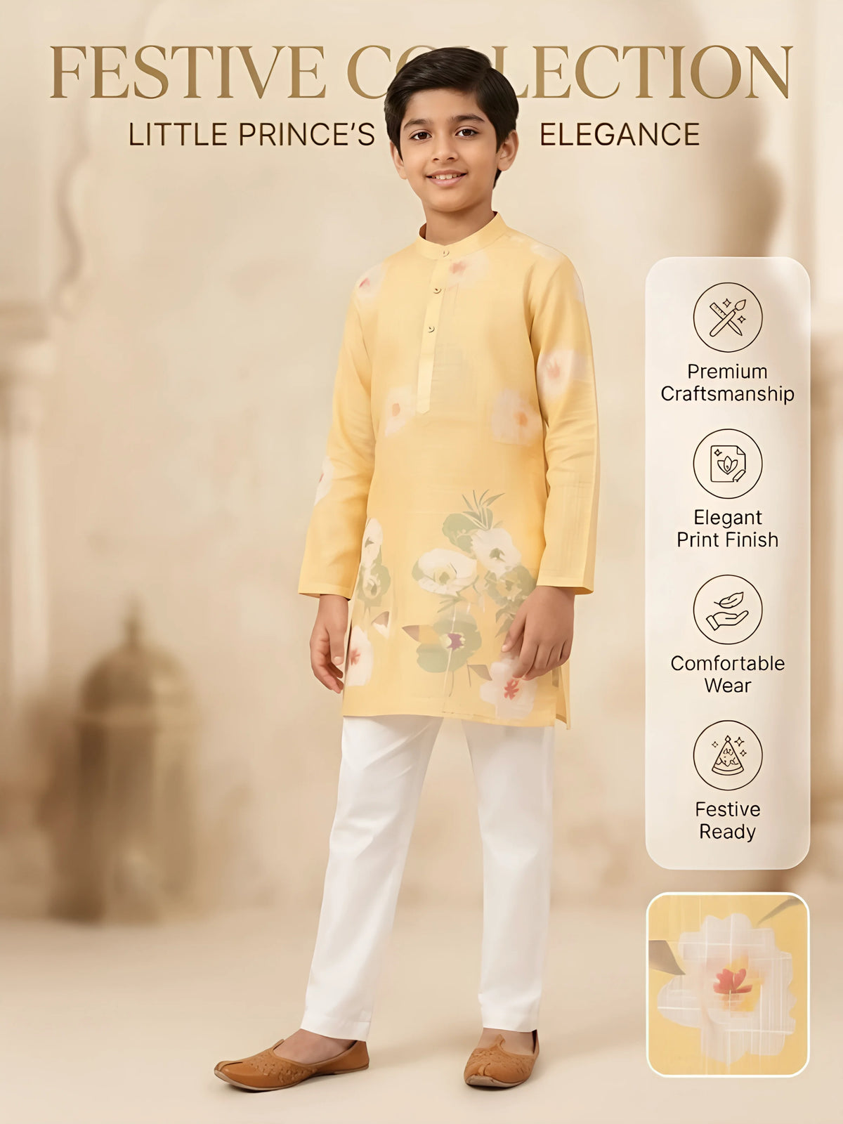 Boys Yellow Floral Printed Kurta Set
