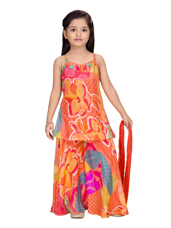 Girls' Orange & Pink Printed Sharara Set