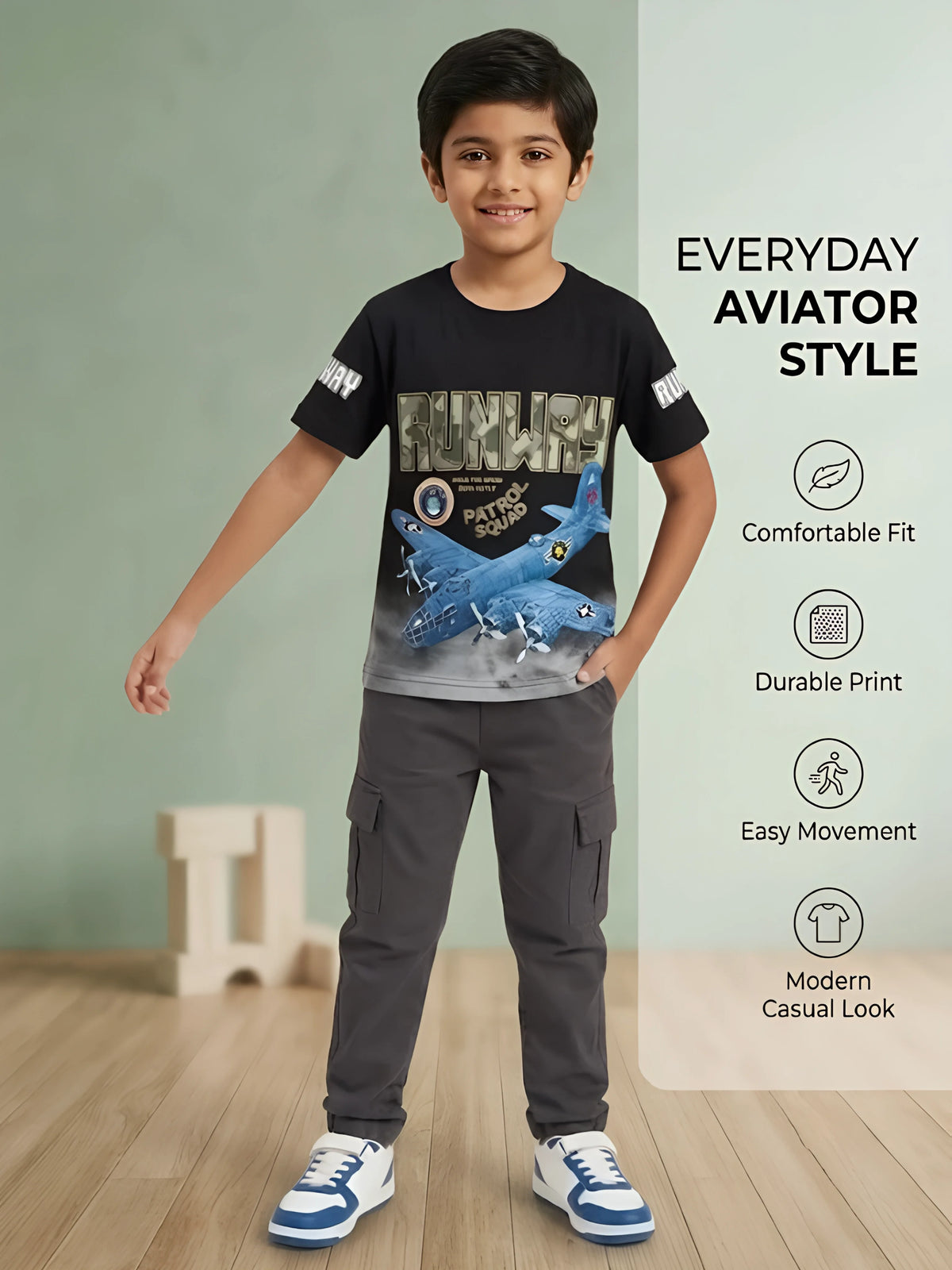 Boys Black Runway Airplane Printed Casual T-Shirt