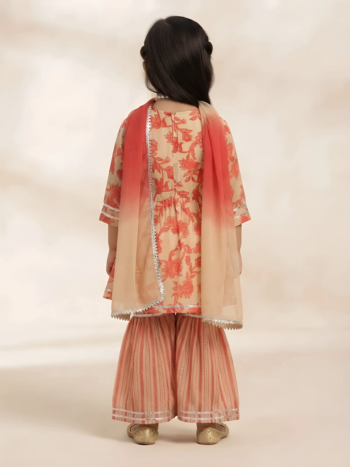 Cream Floral Print Sharara Set with Embroidered Neck Kids Ethnic Wear
