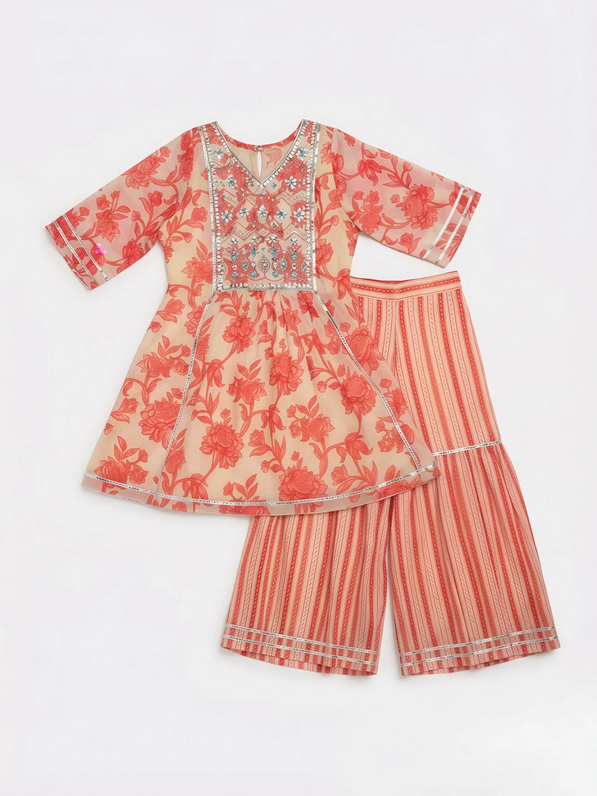 Cream Floral Print Sharara Set with Embroidered Neck Kids Ethnic Wear