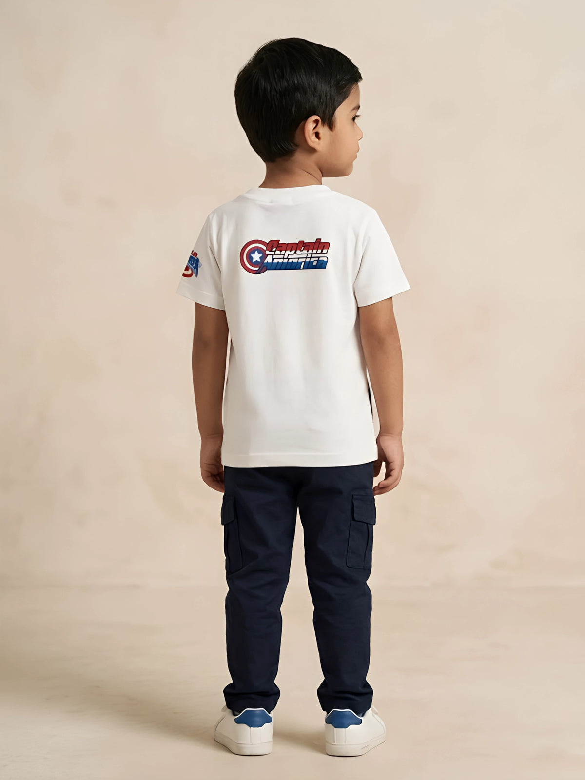 White Captain America Graphic Print T-Shirt Kids Casual Wear