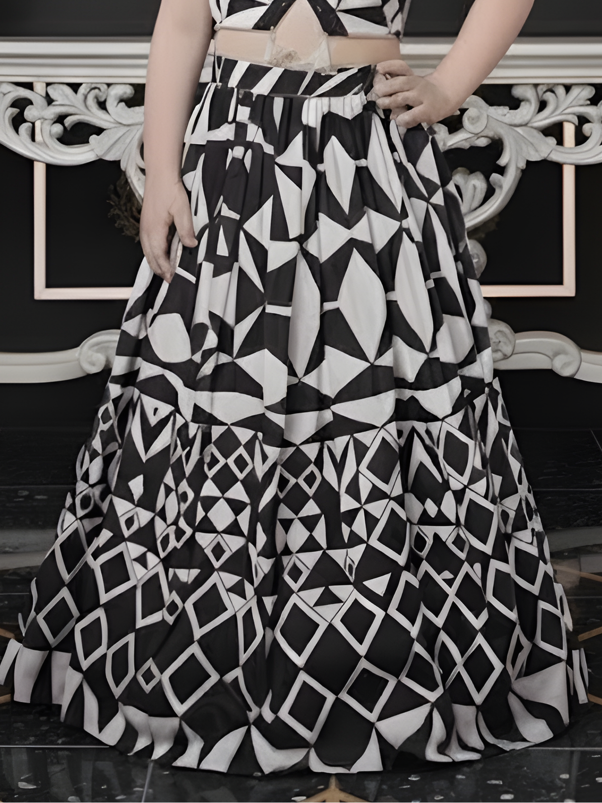 Girls' Black and White Geometric Print Crop Top and Lehenga Choli Set