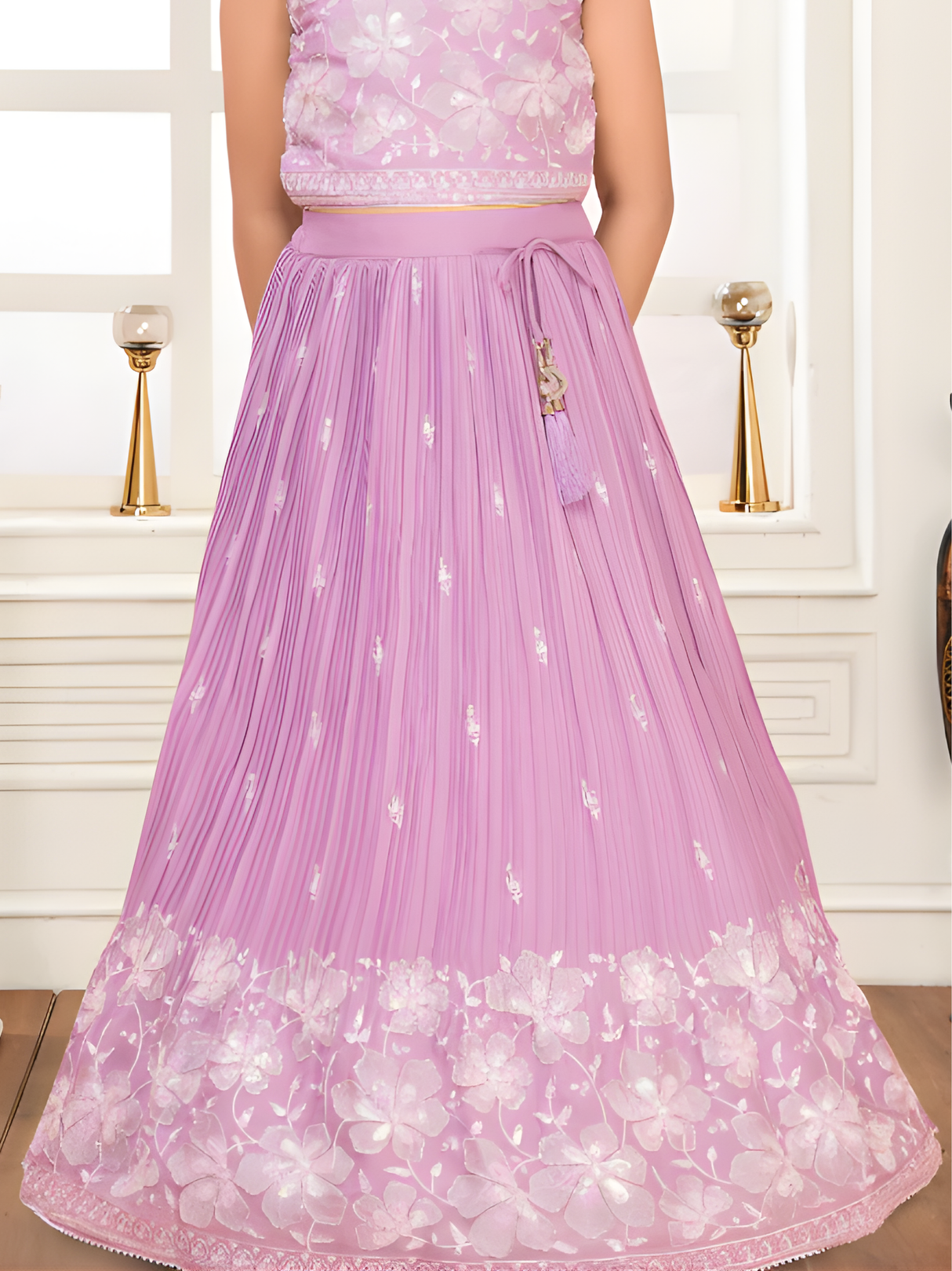 Girls' Lavender Pleated Lehenga Choli with White Thread Embroidery.