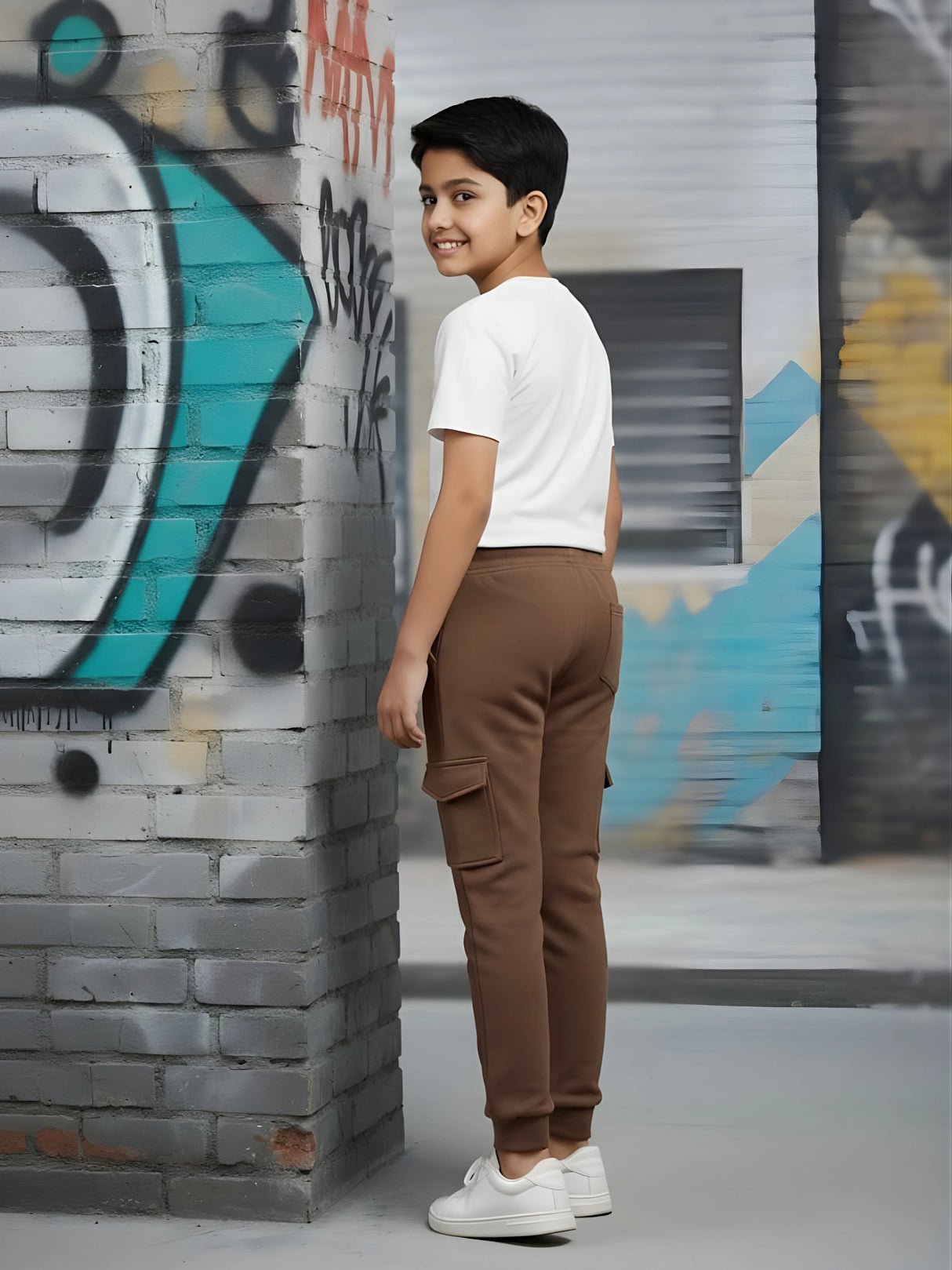 Boys' Stylish Brown Cargo Joggers with Elasticated Drawstring Waist