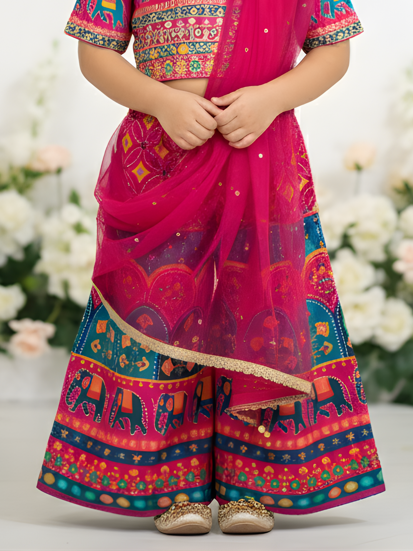 Girls' Festive Fuchsia Pink Embroidered Crop Top and Palazzo Set