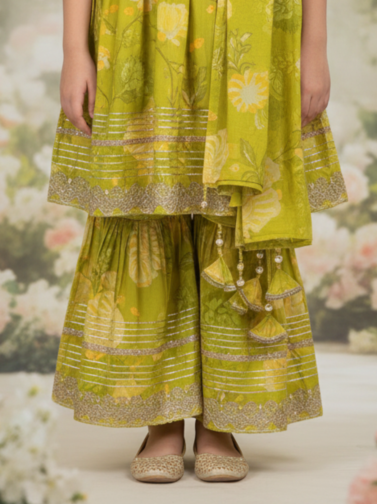 Girls' Lime Green Floral Print Kurta & Sharara Set with Tassels.