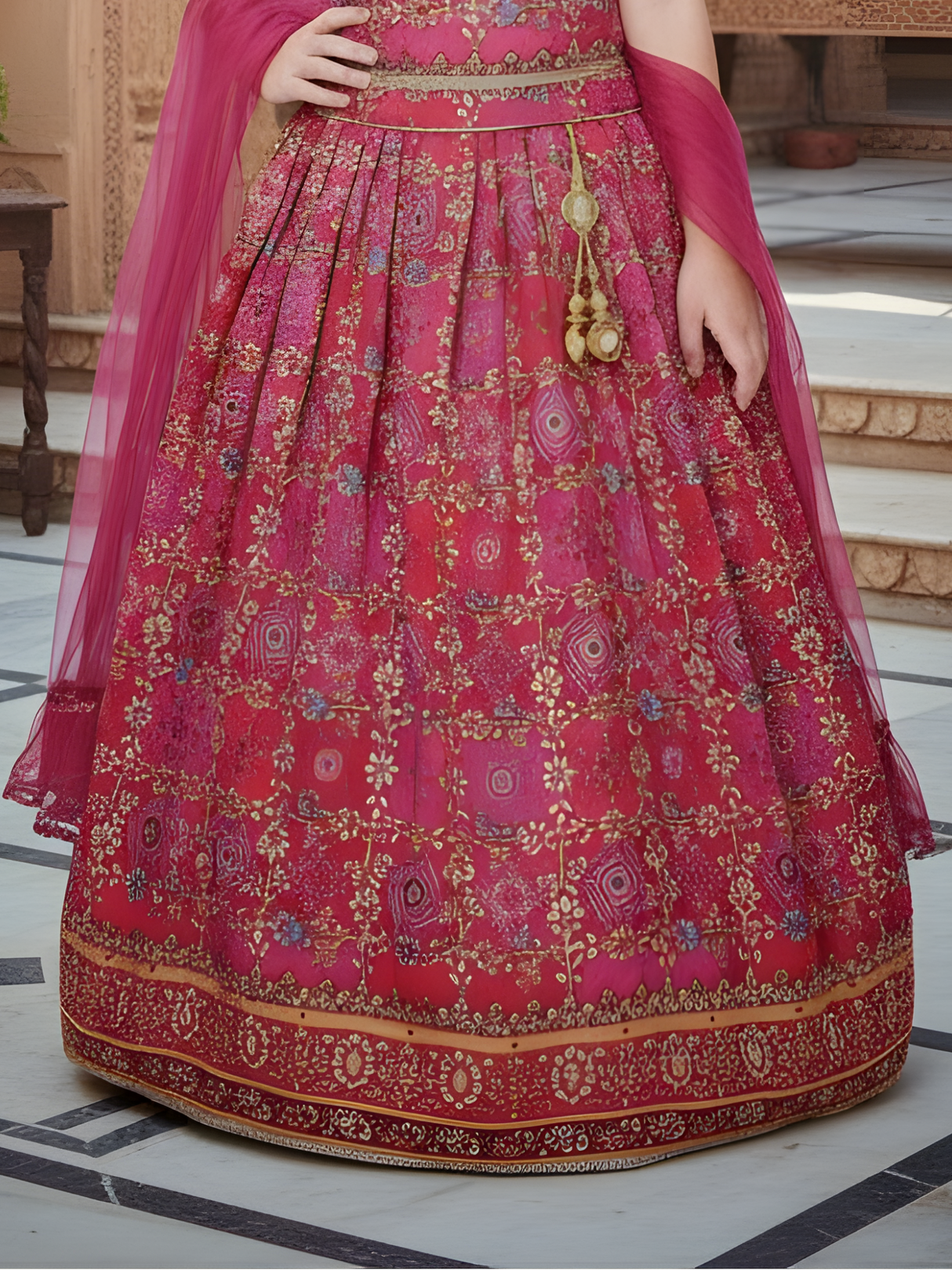 Girls Rani Pink Printed Lehenga Choli Set with Dupatta