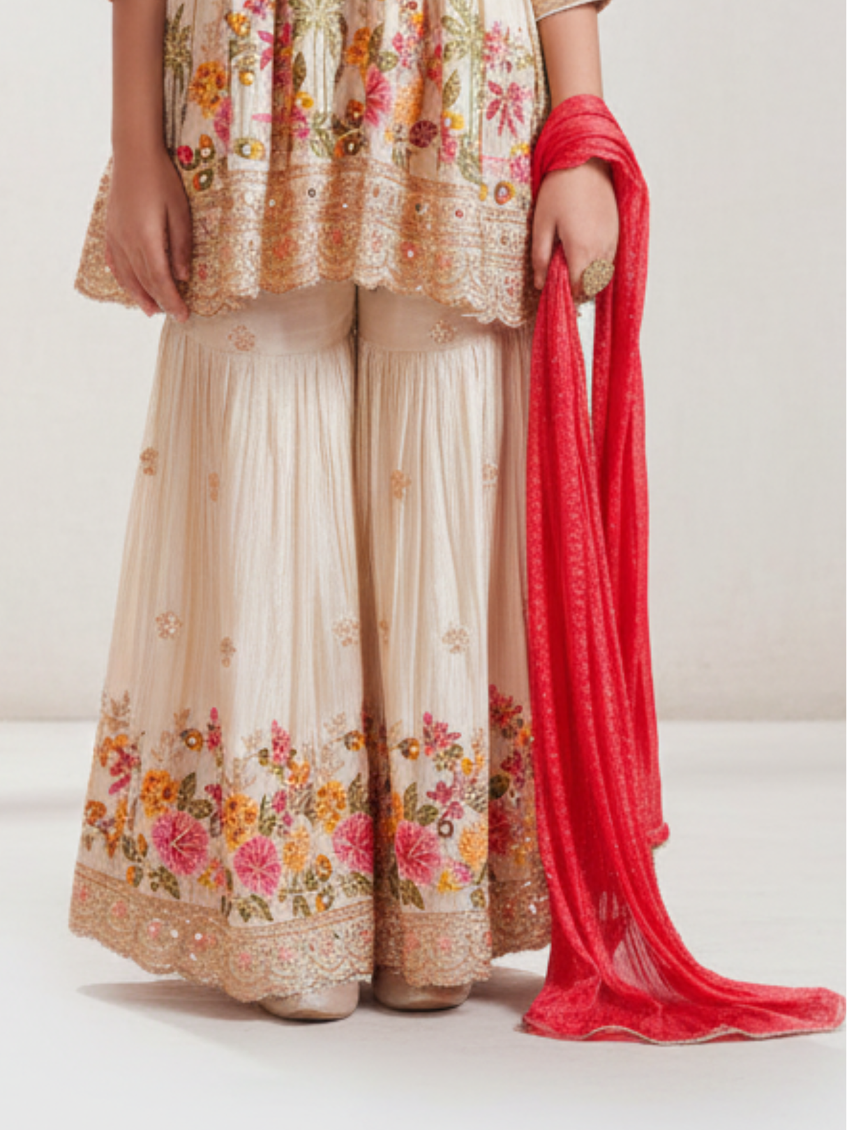 The Royal Blossom Embroidered Peplum Garara Set (Cream/Fawn).