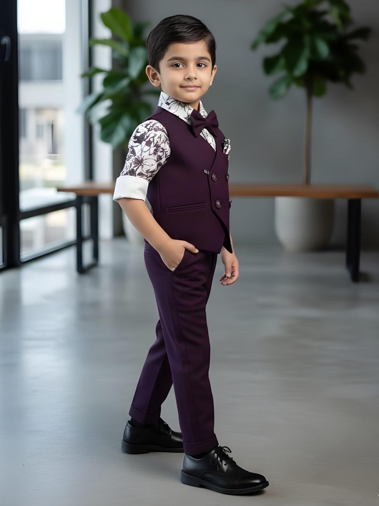 Boys' Purple Double-Breasted Waistcoat & Floral Shirt Set
