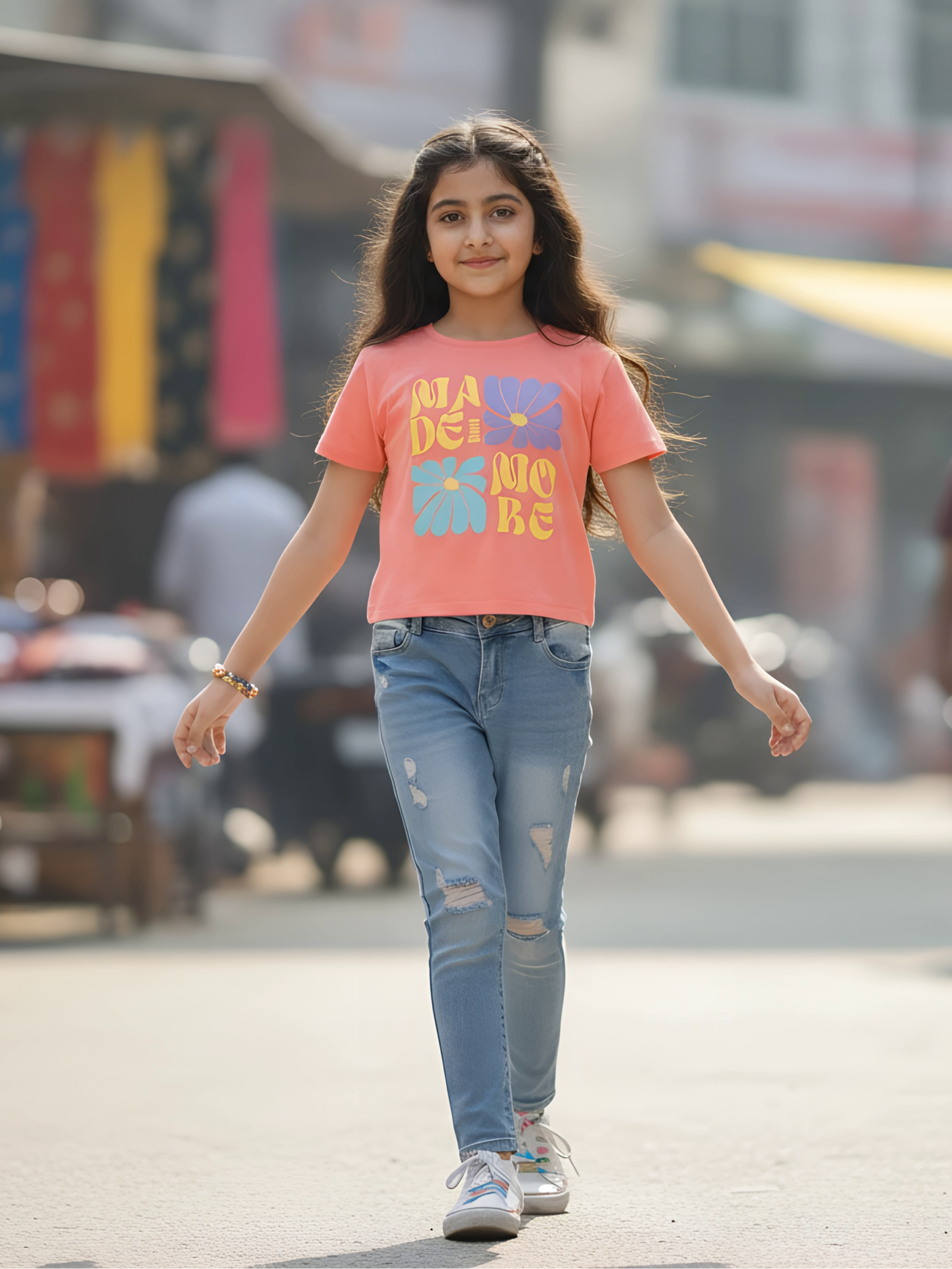 Girls Peach Graphic Print Cotton Top