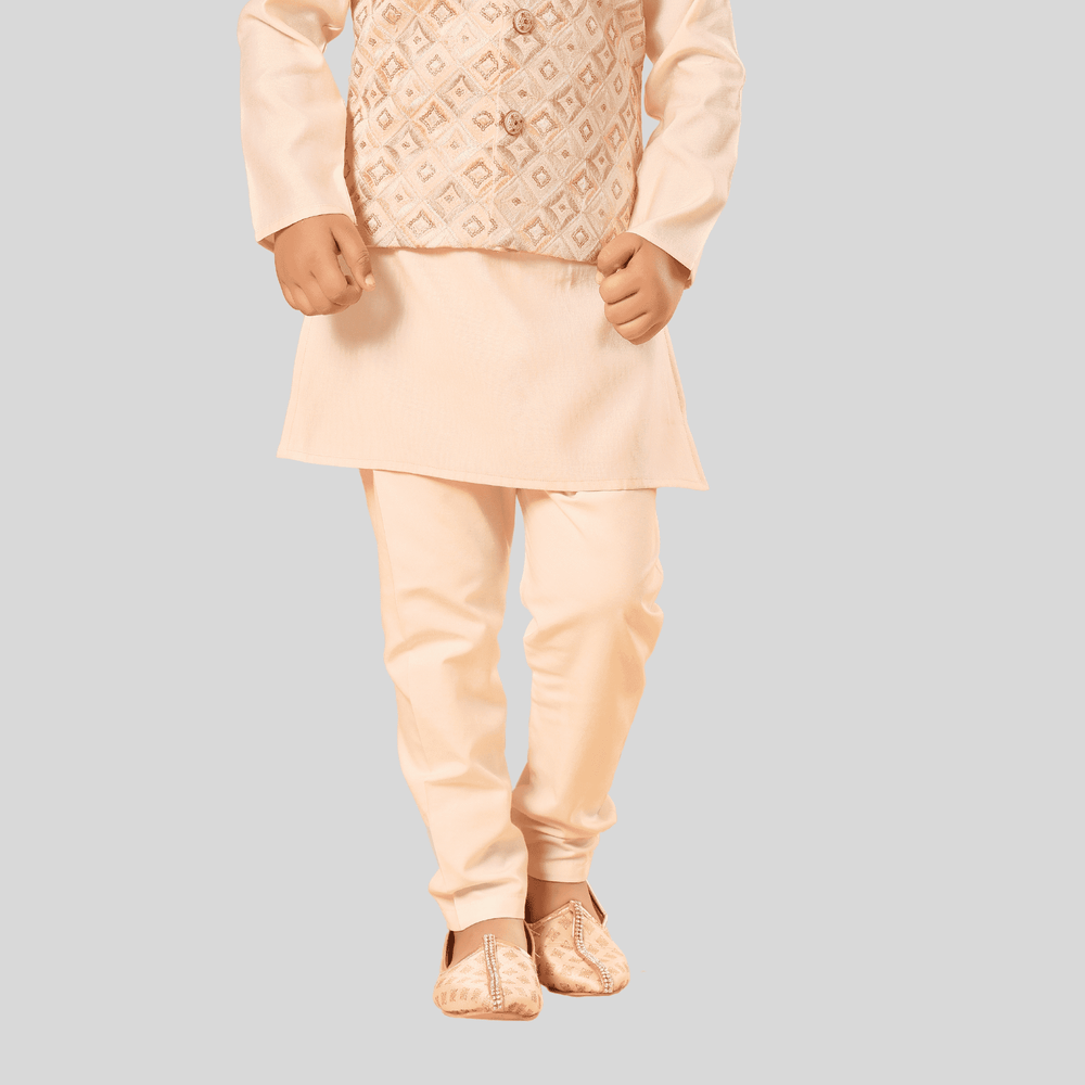 Boys Traditional Self Design Chudidar Kurta with Koti - Cream