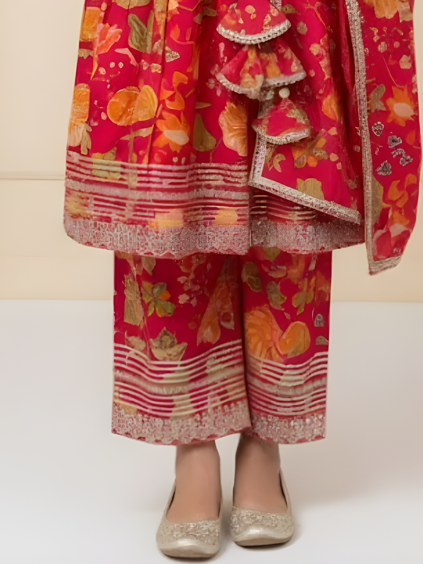 Girls' Rani Pink Floral Anarkali Suit Set with Embroidered Neckline