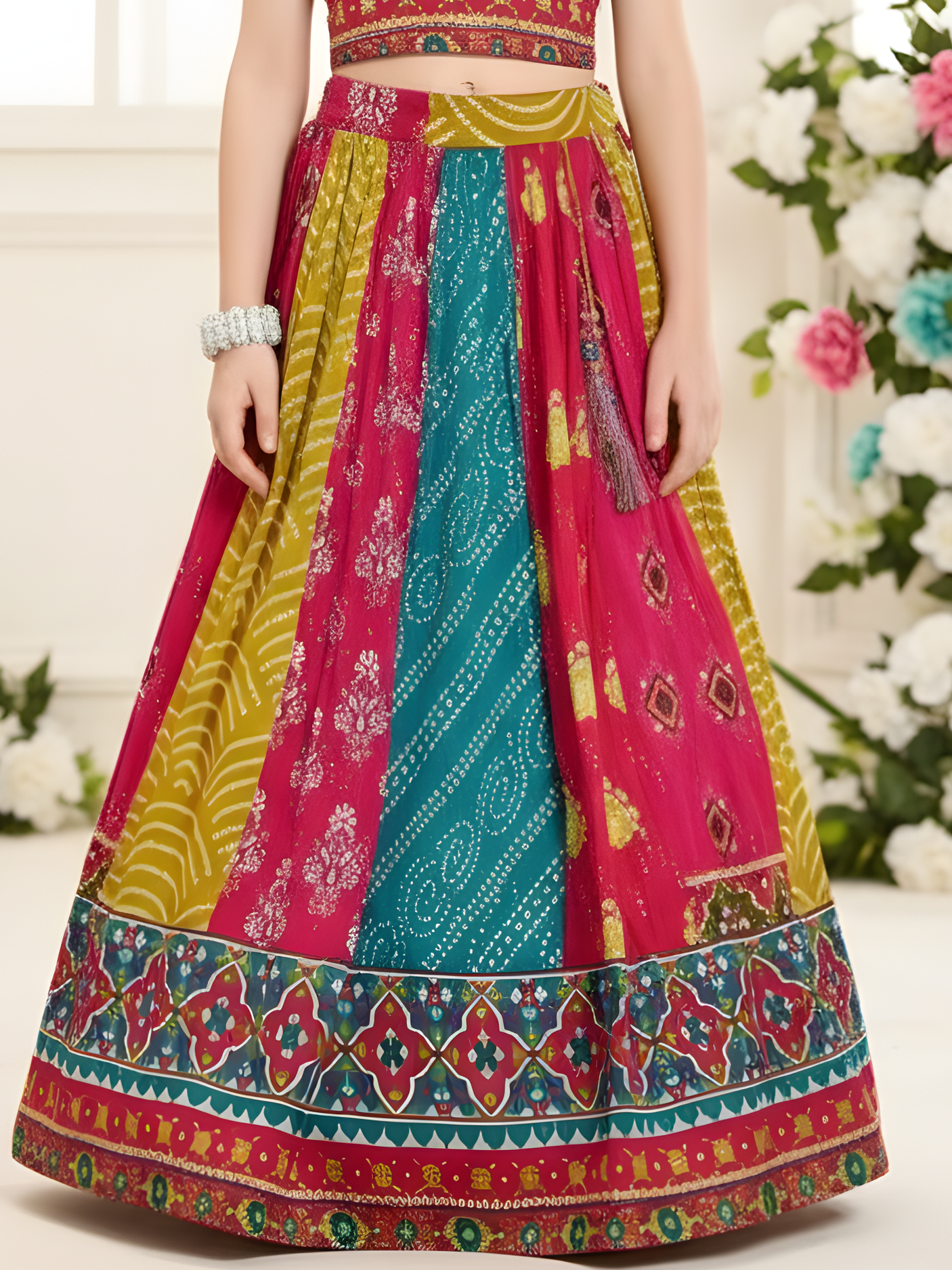 Vibrant Multi-Color Bandhani Style Print Kids Lehenga Choli Set