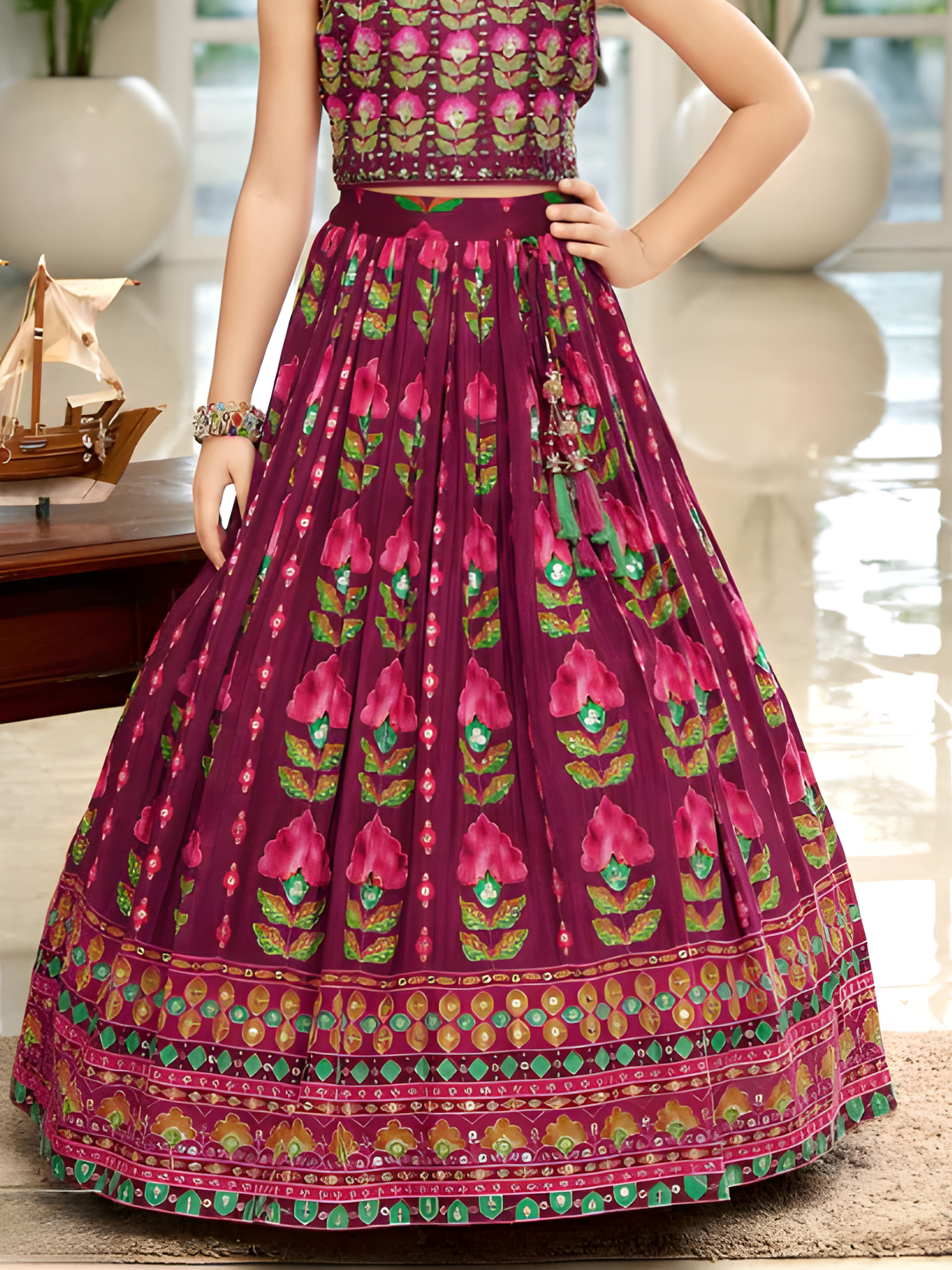Girls' Elegant White Multi-Thread Work Lehenga Choli