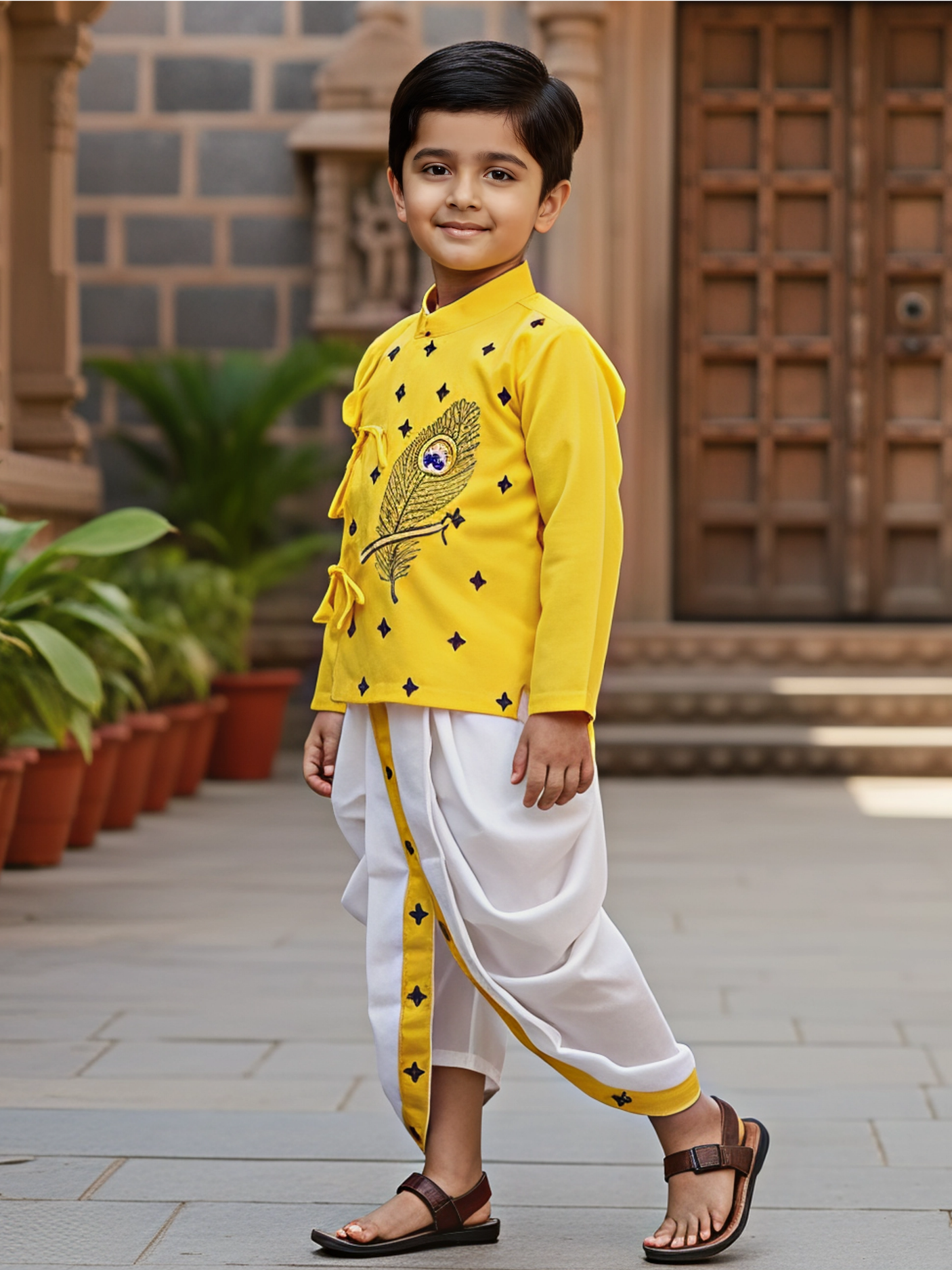 Boys Yellow Angrakha Kurta and White Dhoti Set with Peacock Feather Embroidery