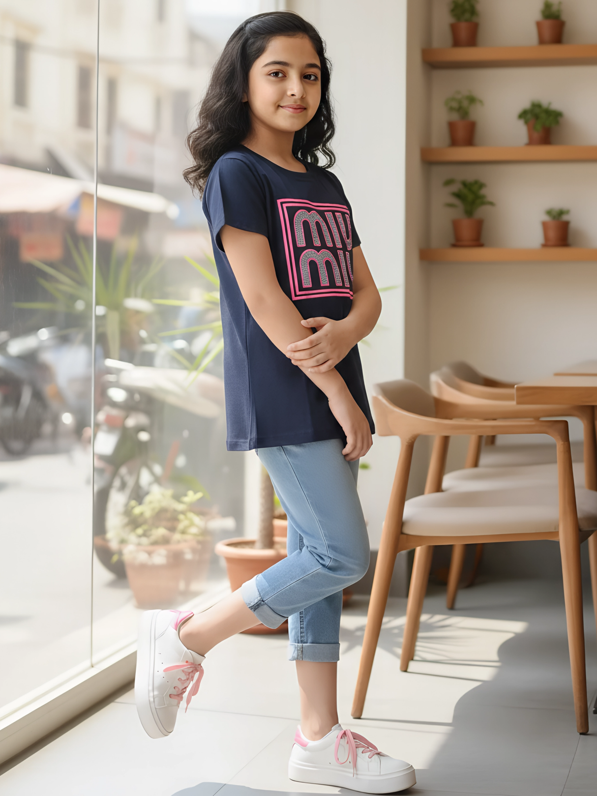 Girls' Navy Blue "MIU MIU" Graphic Tee - Sparkle Edition