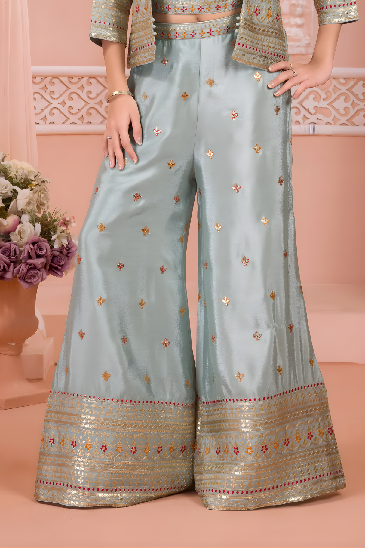 Girls' Pastel Green Three-Piece Sharara Set with Embroidered Shrug