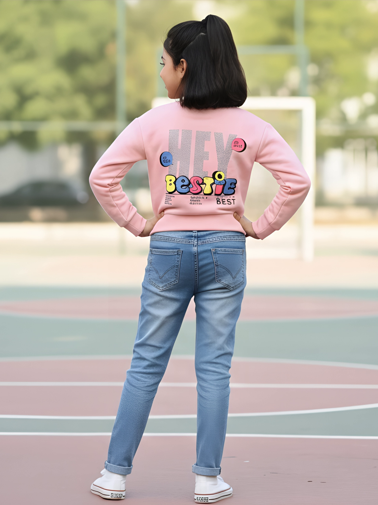 Girls Vibrant "BESTIE" Graphic Print Pink Full Sleeve Sweatshirt
