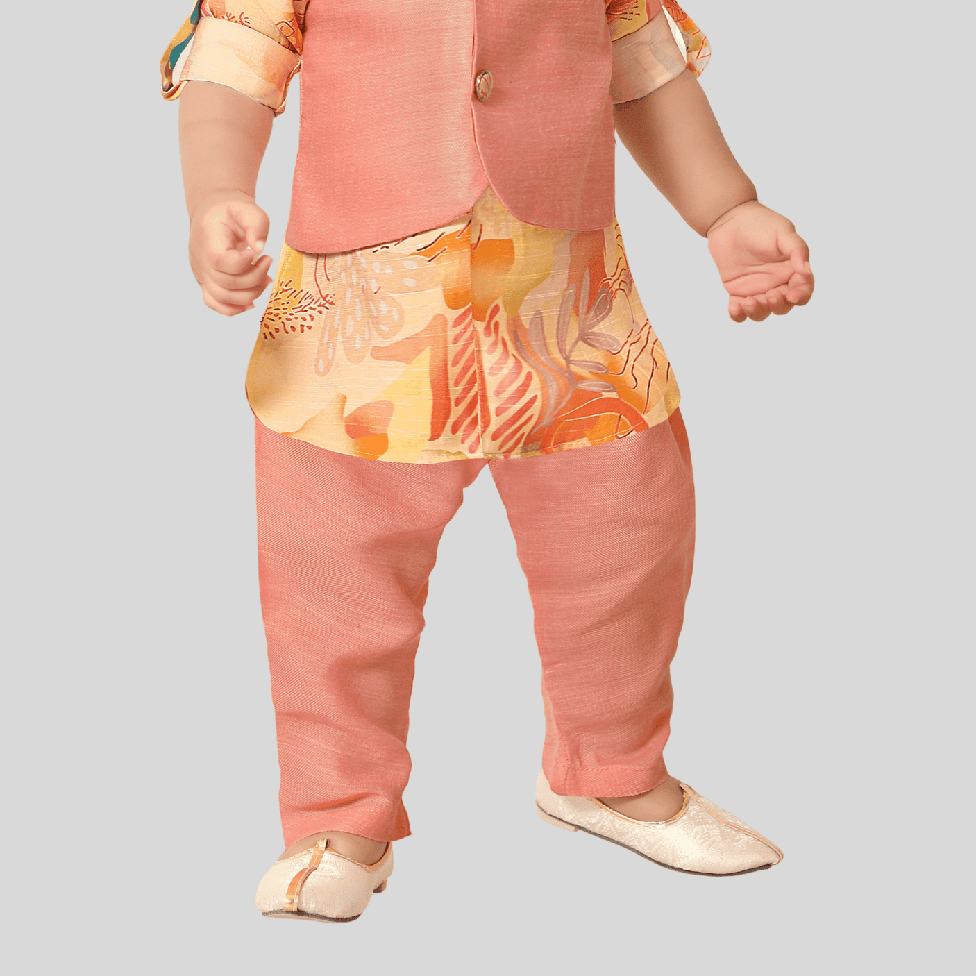 Boys Traditional Printed Chudidar Kurta with Koti - Peach