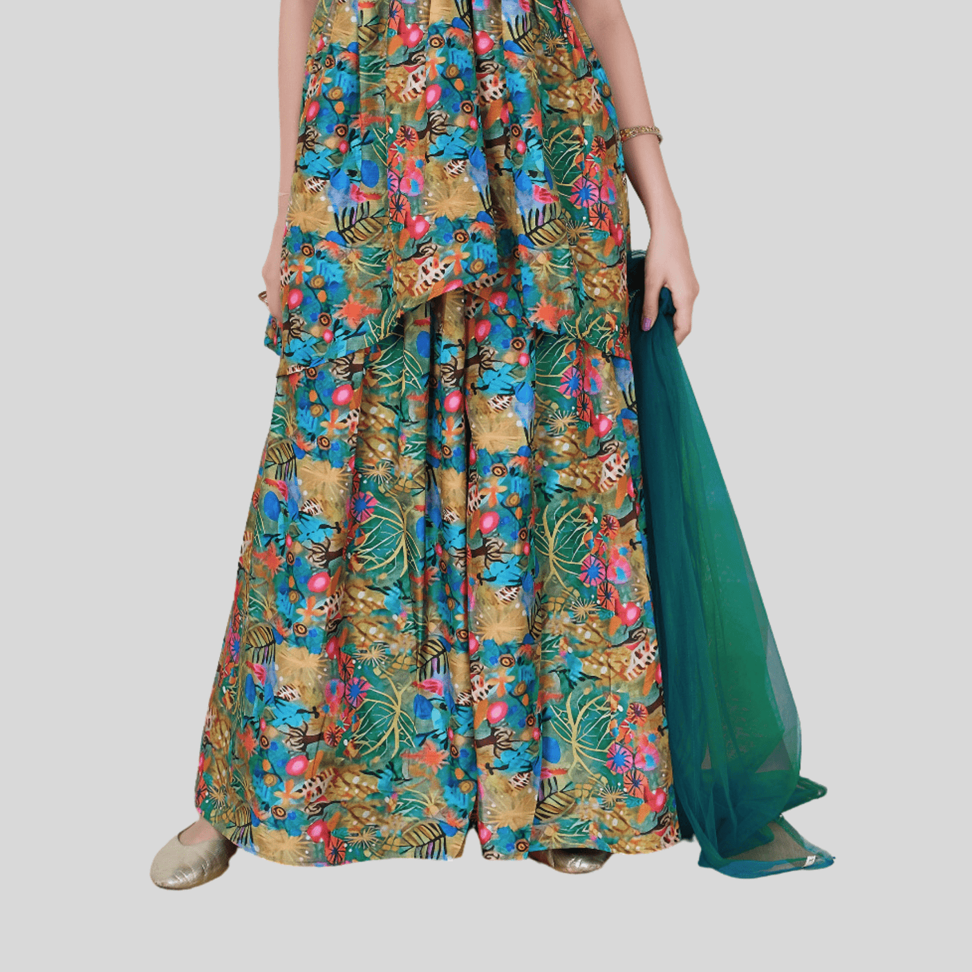 Girls Traditional Sleeves Less Plazo Set - Green