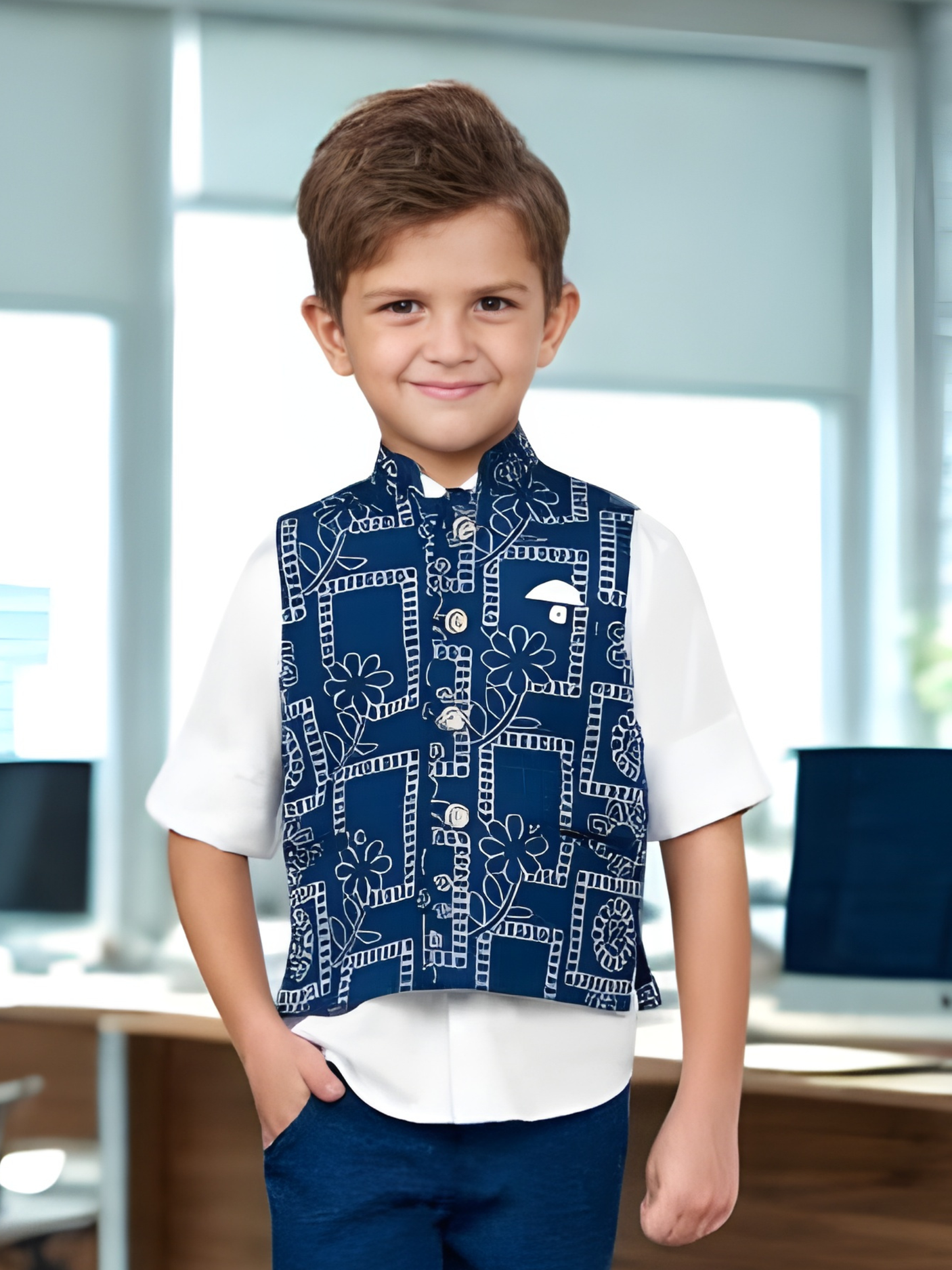 Boys' Navy Blue & White Printed Waistcoat Set.
