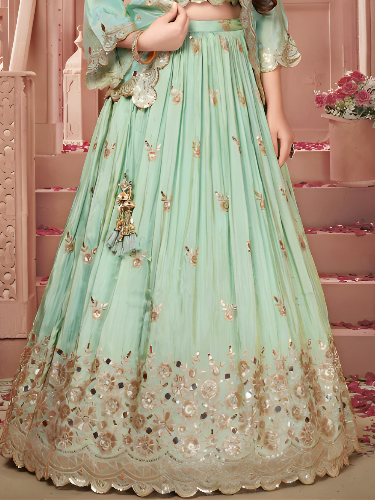 Girls' Aqua Blue Pre-Draped Ruffled Lehenga