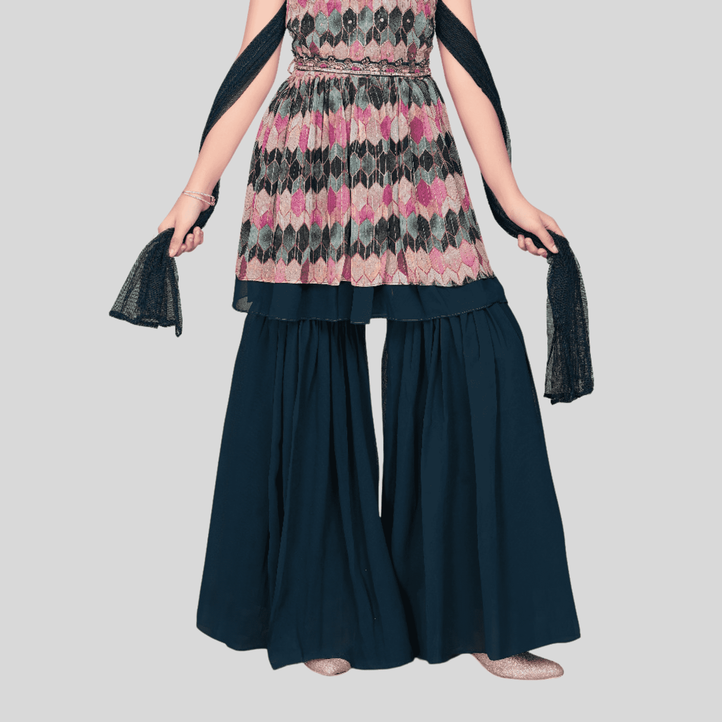 Girls Traditional Sleeves Less Plazo Set - Green