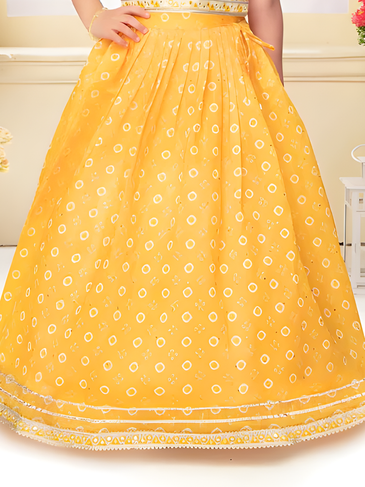 Girls' Bright Yellow Floral Lehenga Set with One-Shoulder Choli