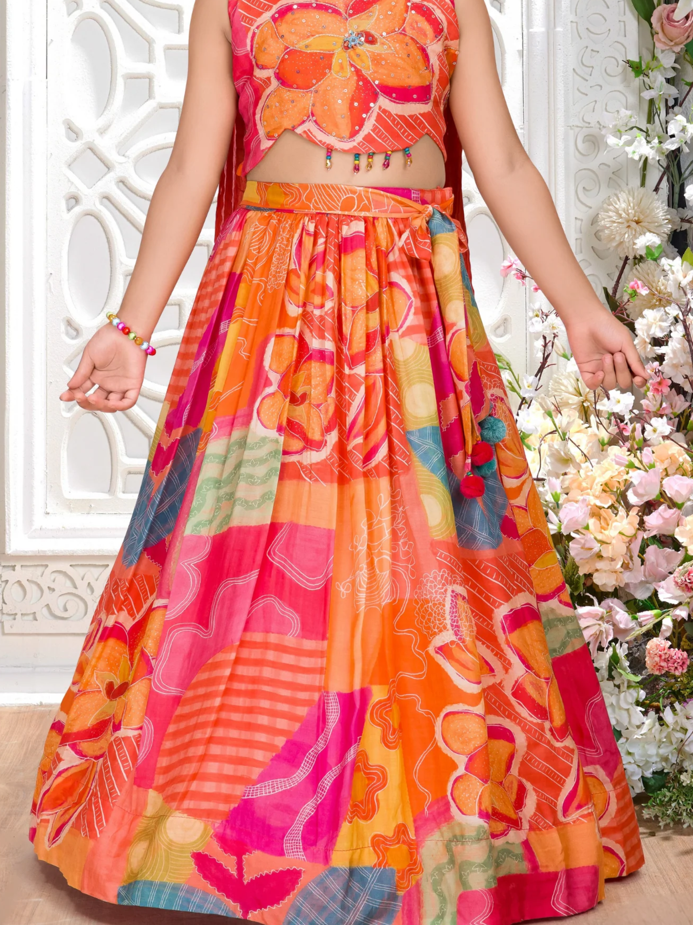 Girls' Vibrant Orange Patchwork Lehenga Choli Set with Halter Neck Top