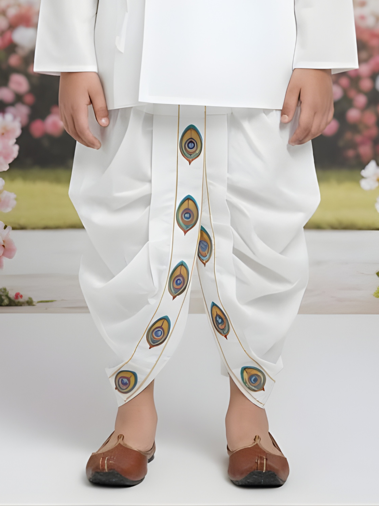 Boys' Crisp White Angrakha Kurta and Dhoti Set with Peacock Feather Embroidery