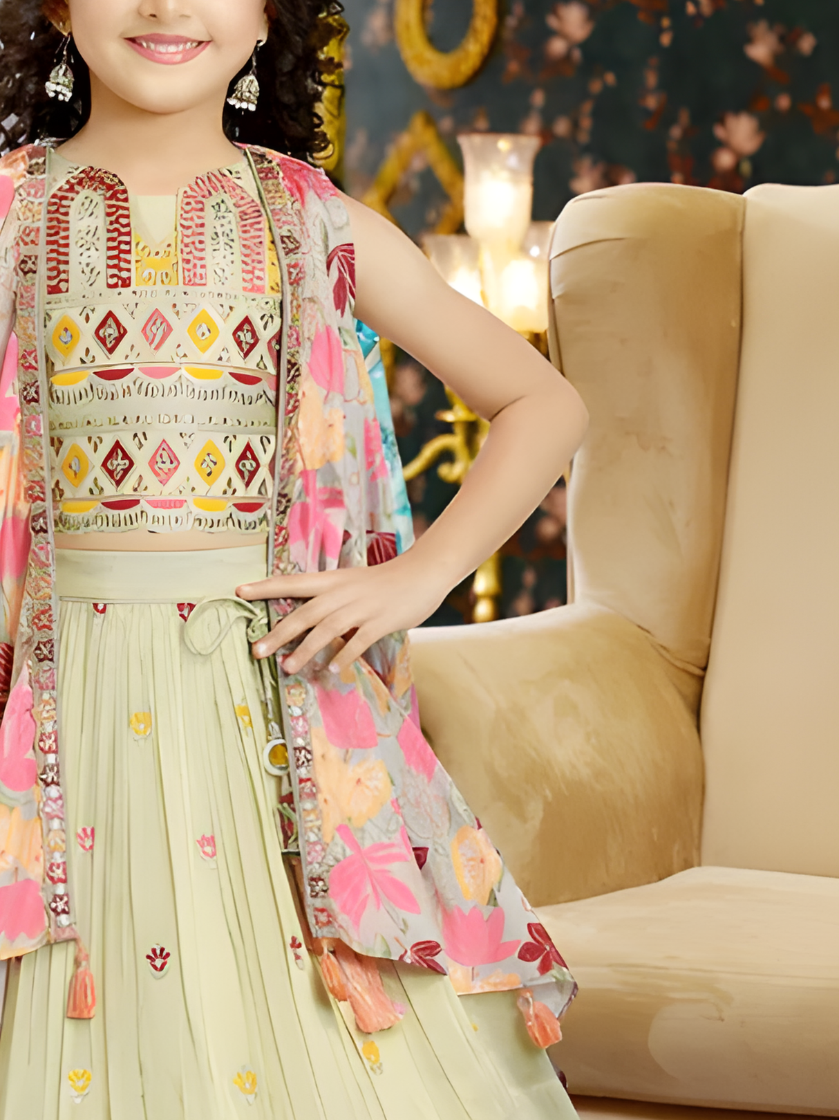 Girls' Vibrant Orange Patchwork Print Lehenga Choli