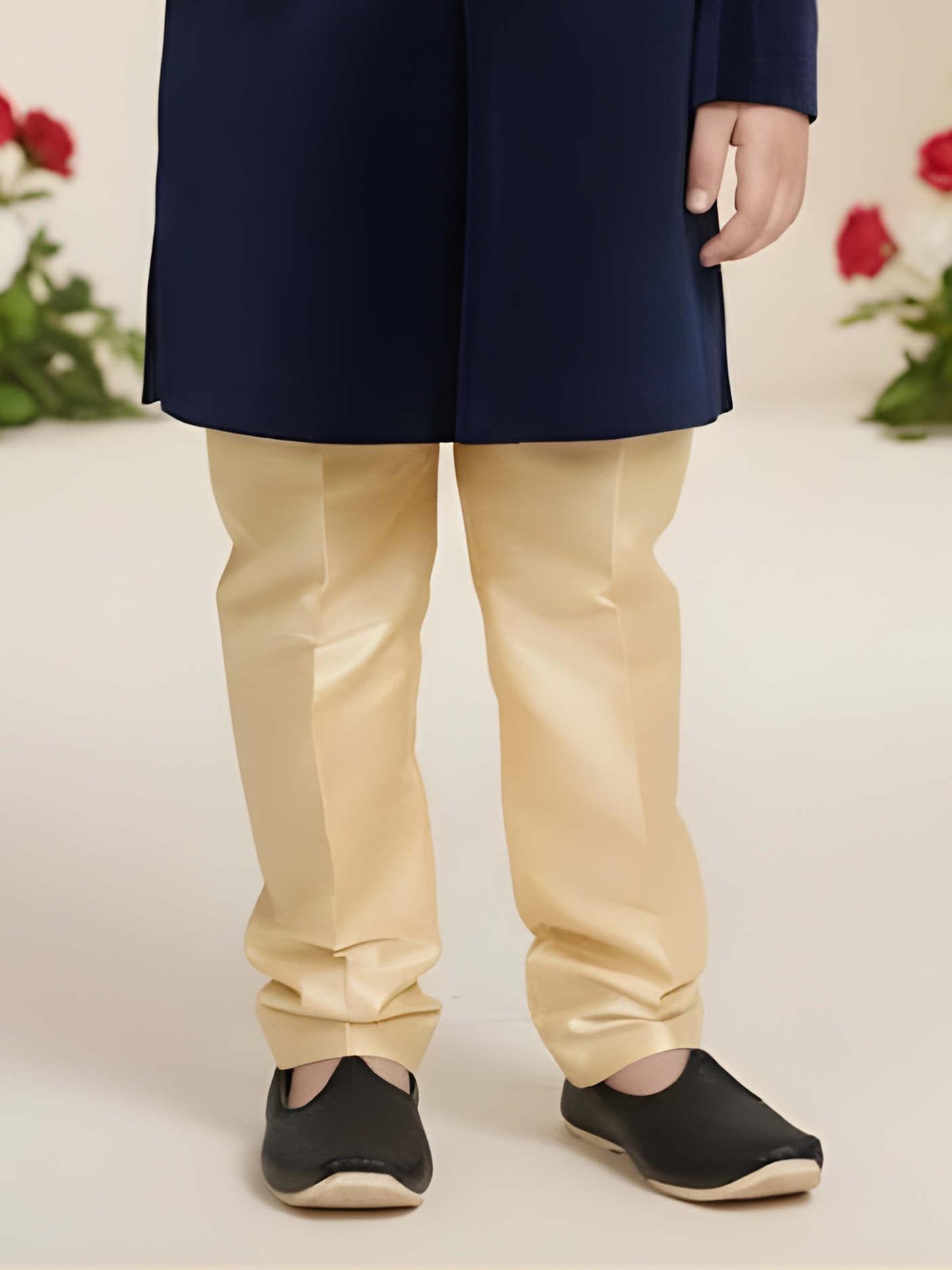 Boys' Black Velvet Indo-Western Sherwani with Gold Zari Embroidery and Trousers Set