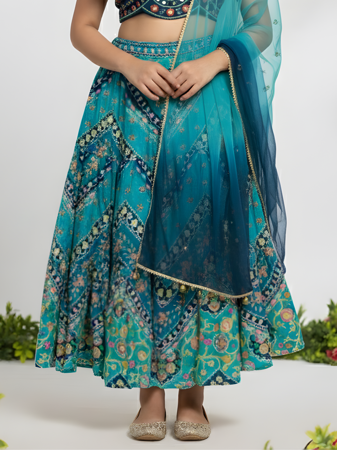 Girls' Navy Blue Embroidered Choli, Teal Print Lehenga & Ombre Dupatta Set