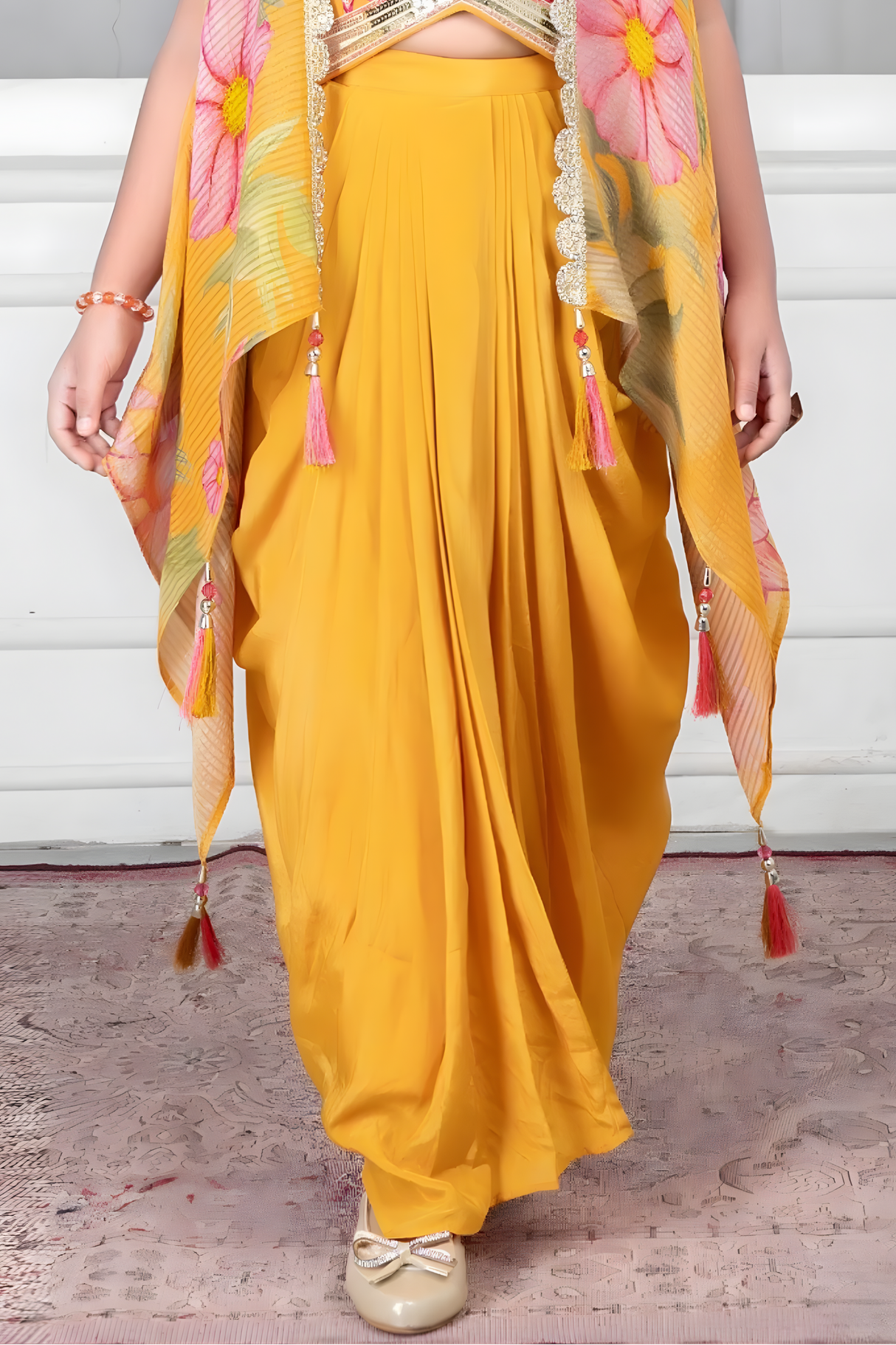 Girls' Vibrant Yellow Dhoti Set with Floral Shrug & Embroidered Top