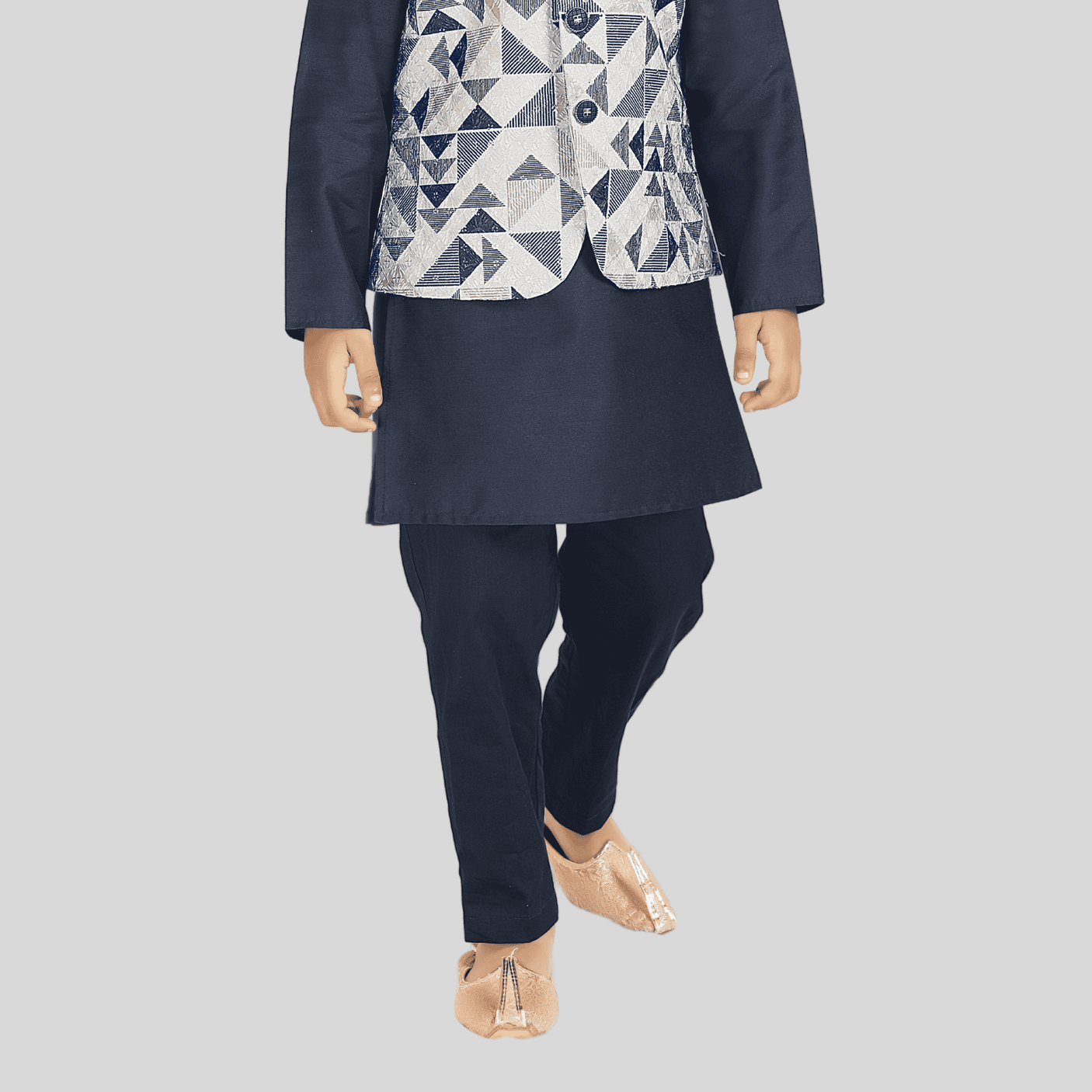 Boys Traditional Printed Chudidar Kurta with Koti - Navy Blue