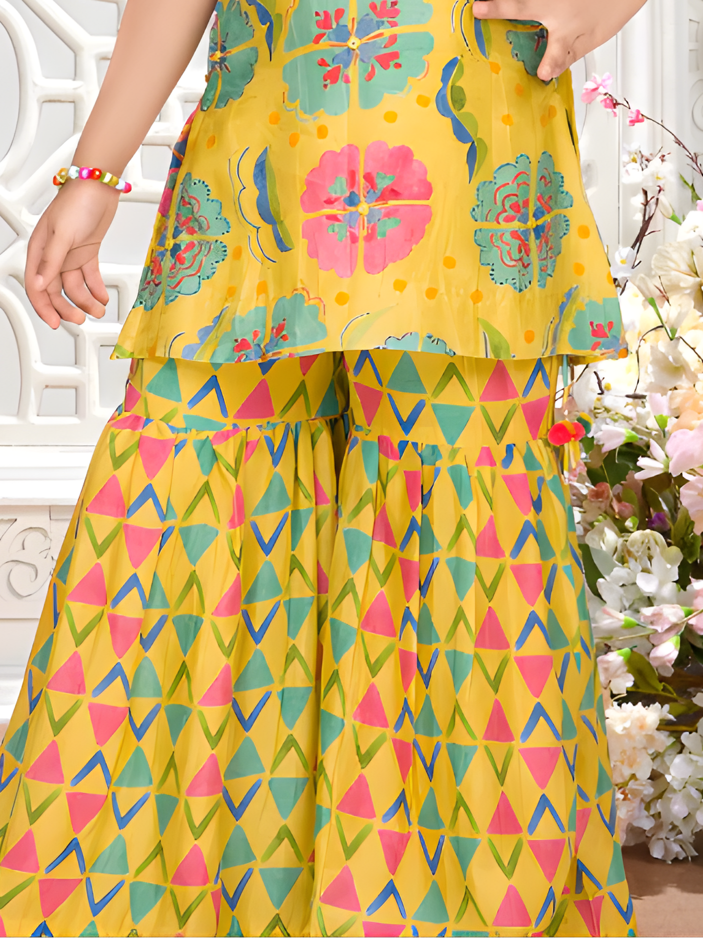 Girls' Festive Yellow Floral Crop Top & Geometric Tiered Sharara Set