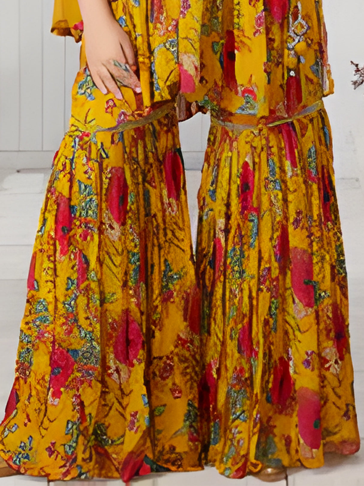 Girls Traditional 3/4th Sleeves Sharara Set - Yellow
