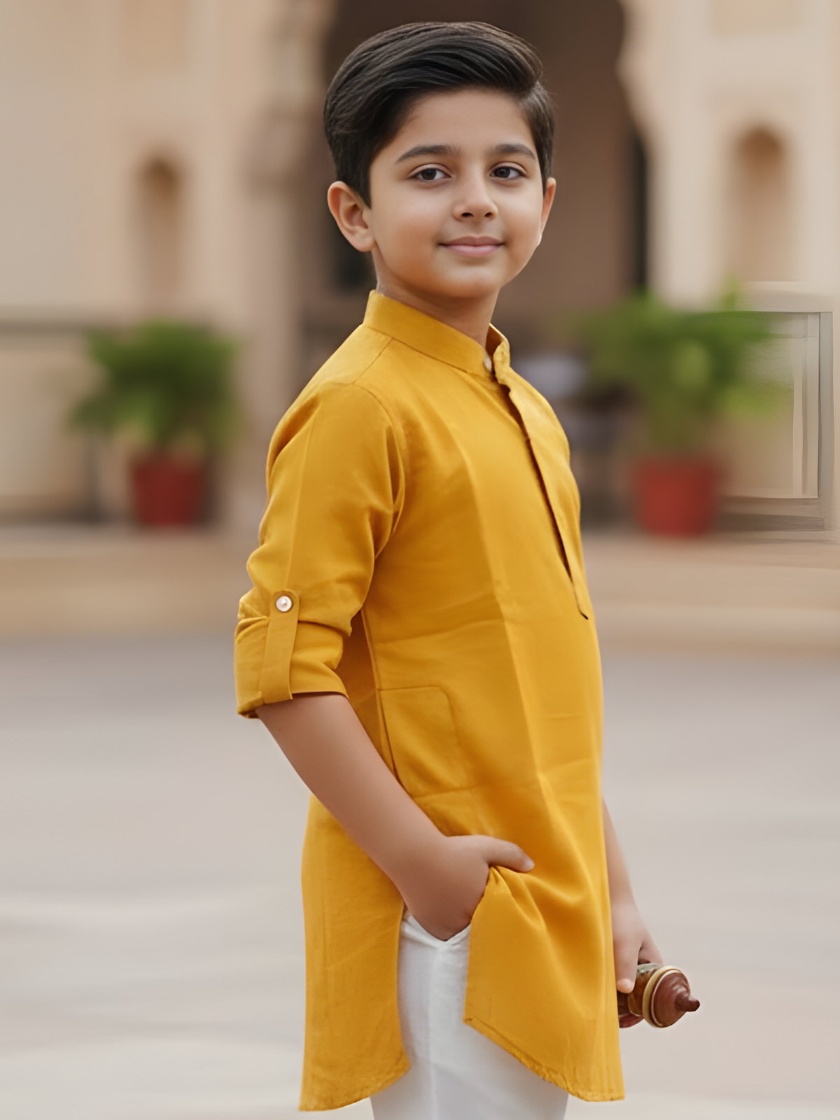 Boys Mustard Yellow Mandarin Collar Cotton Kurta