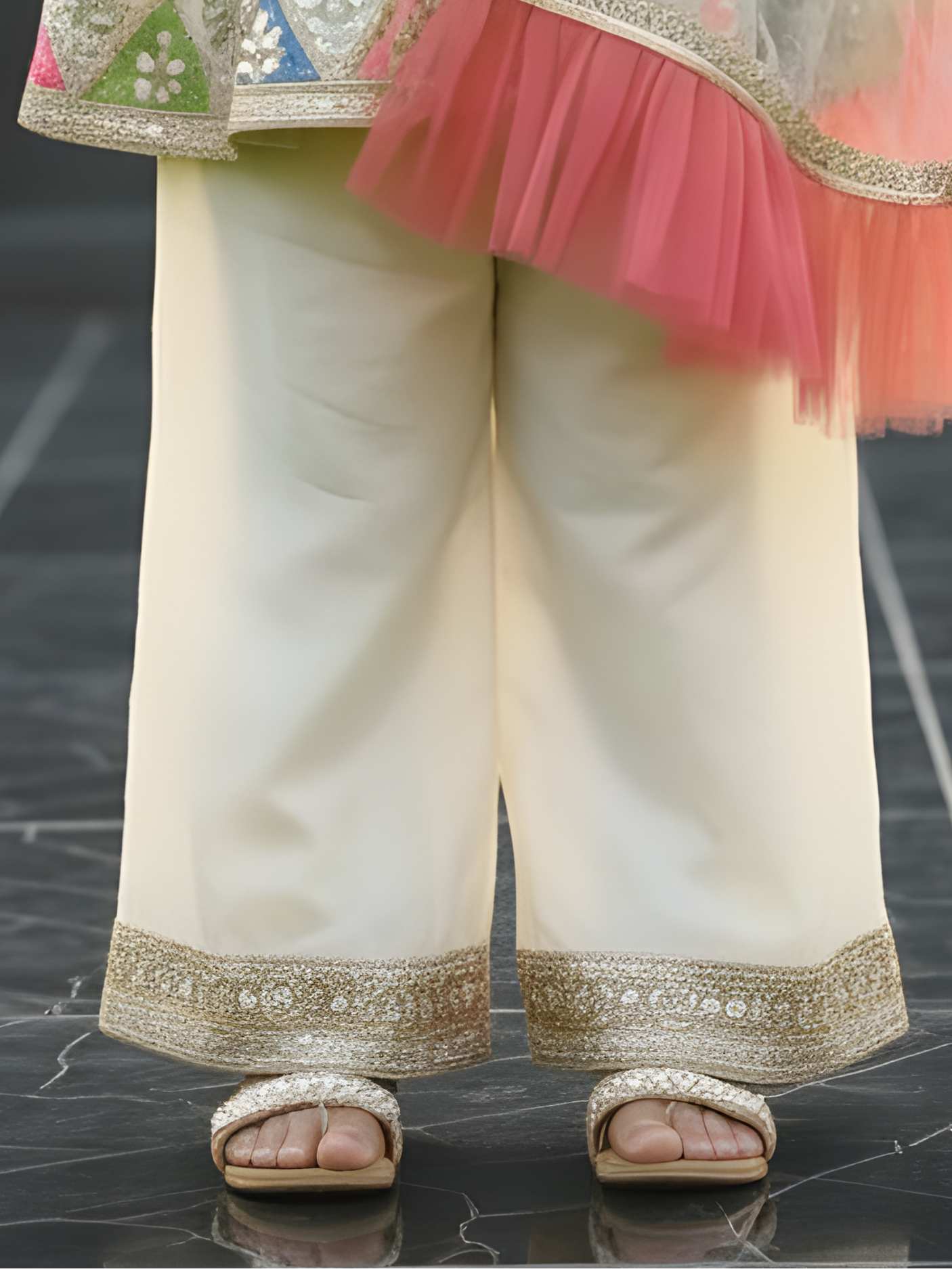 Girls Cream Embroidered Peplum Top and Pajama Set with Ruffled Dupatta