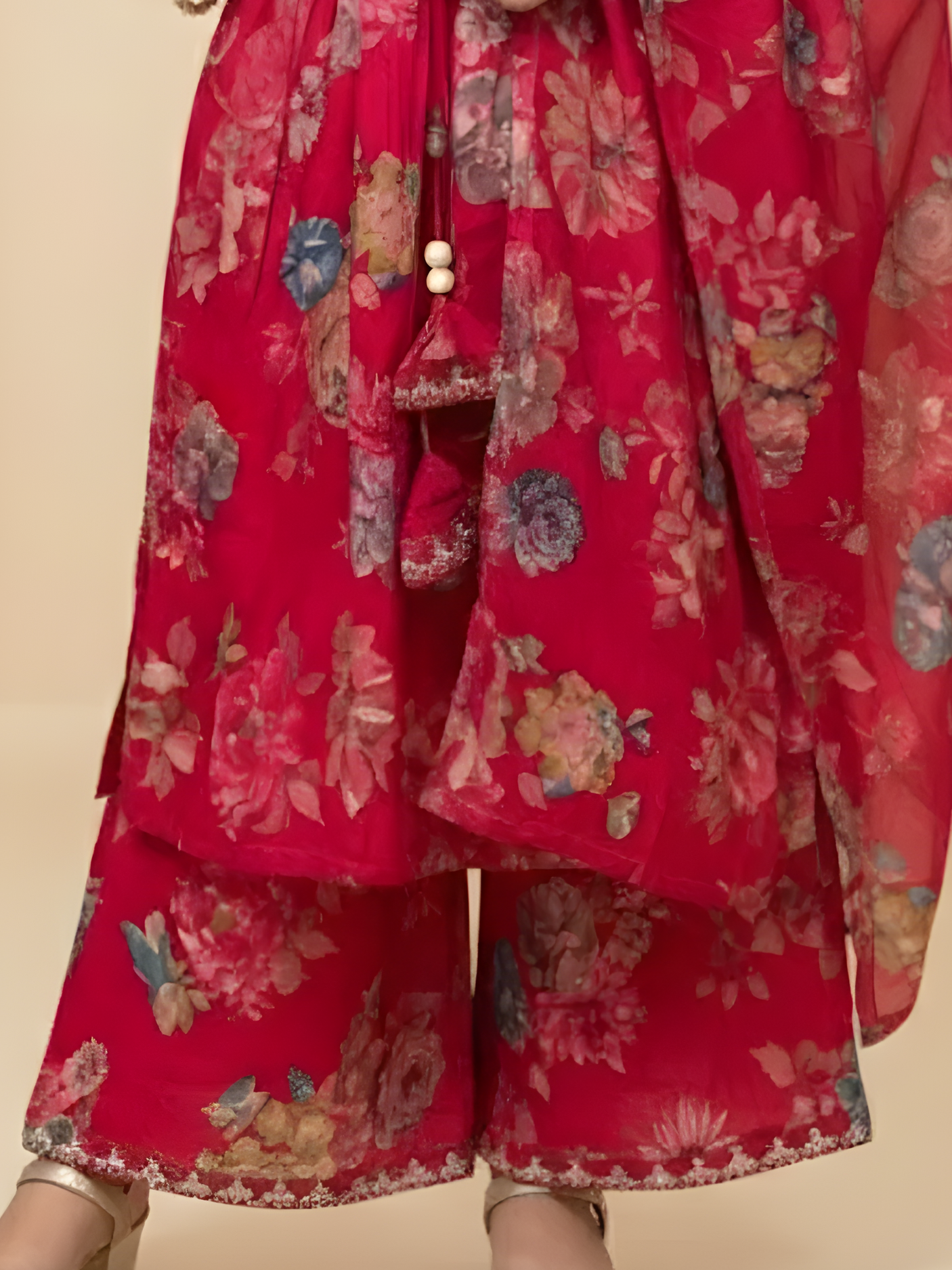 Girls Floral Print Fuchsia Anarkali Kurta & Palazzo Set with Dupatta