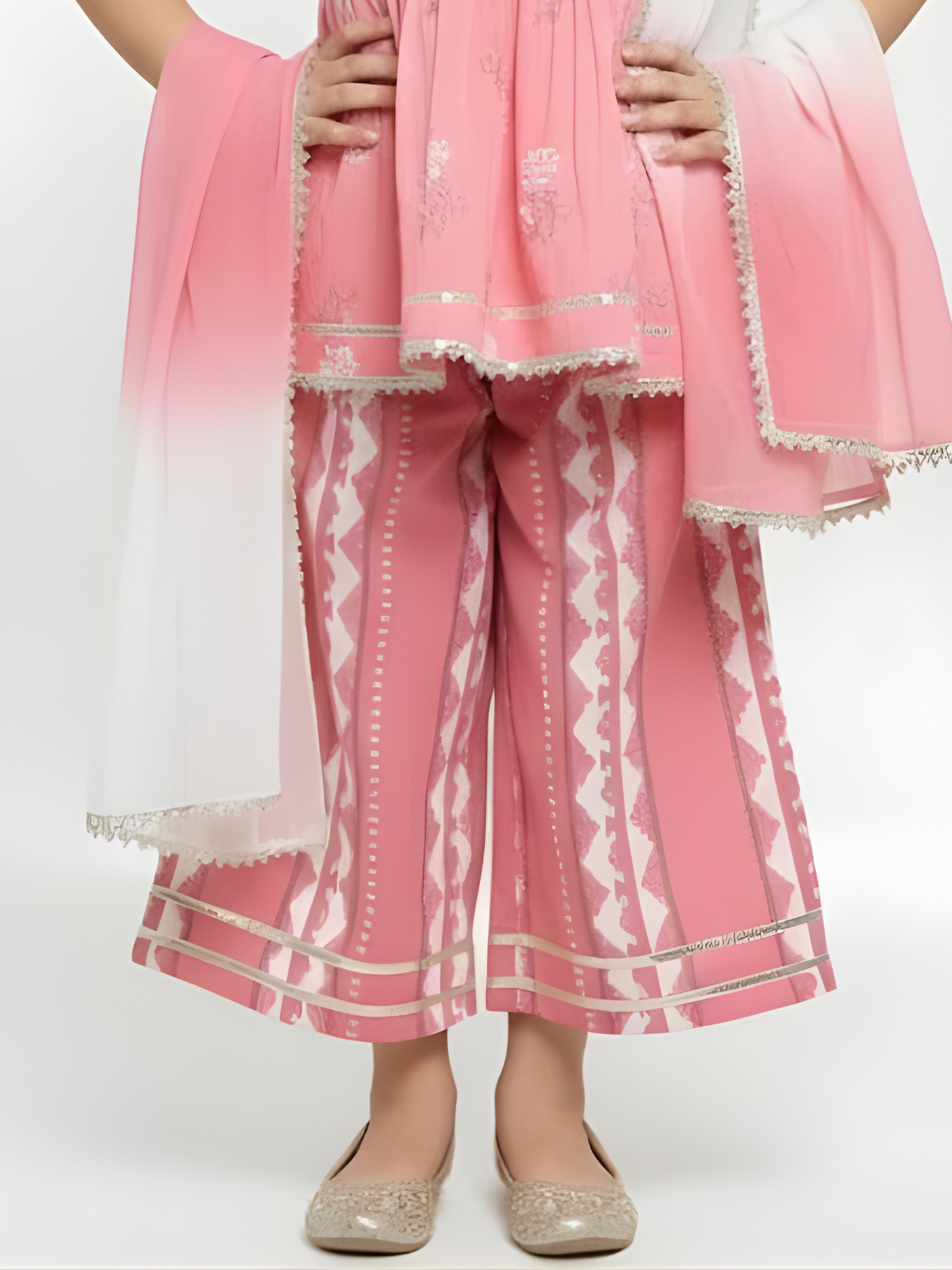 Girls' Powder Pink Embroidered Peplum Kurta & Printed Sharara Set.