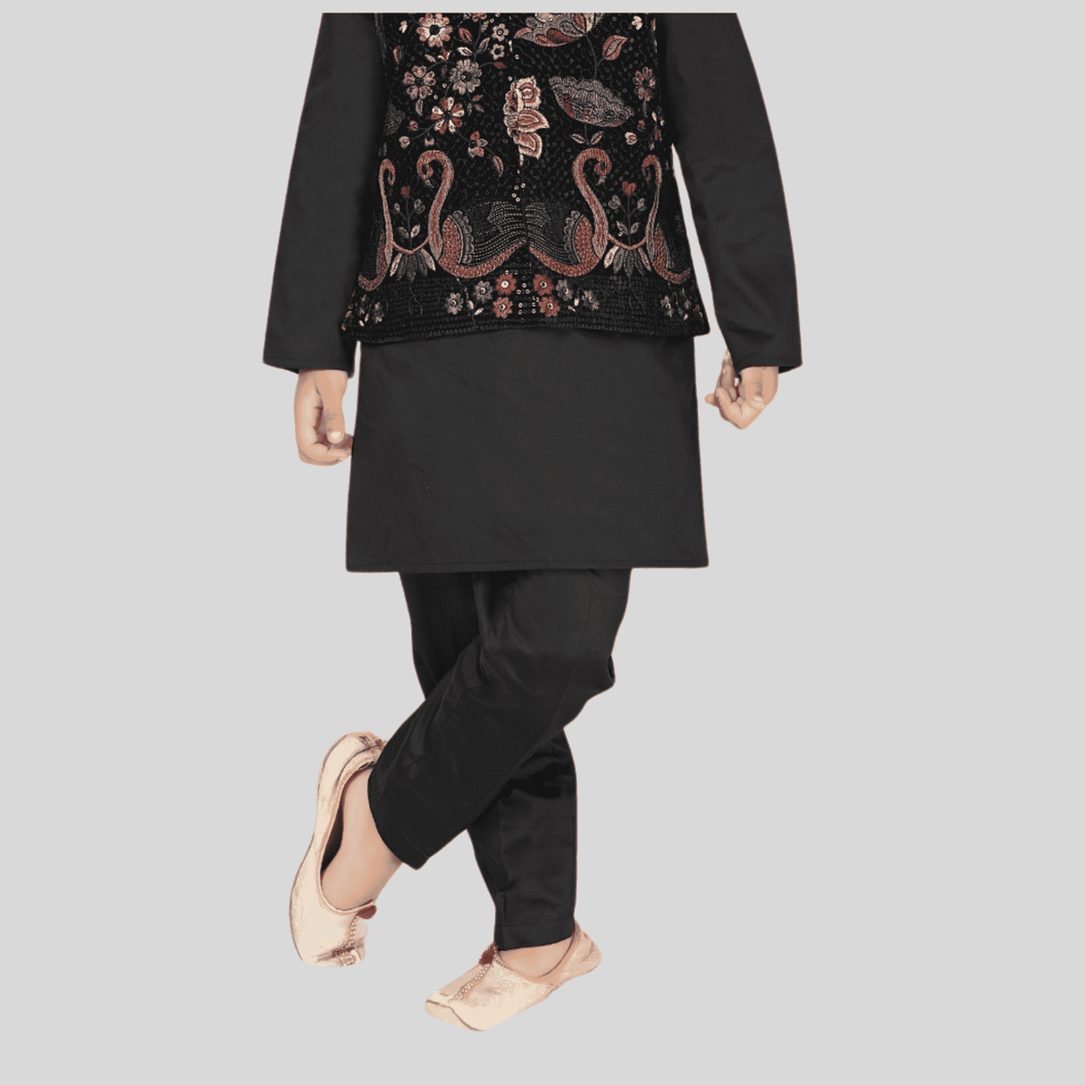 Boys Traditional With Work Indo Western Kurta Set - Black