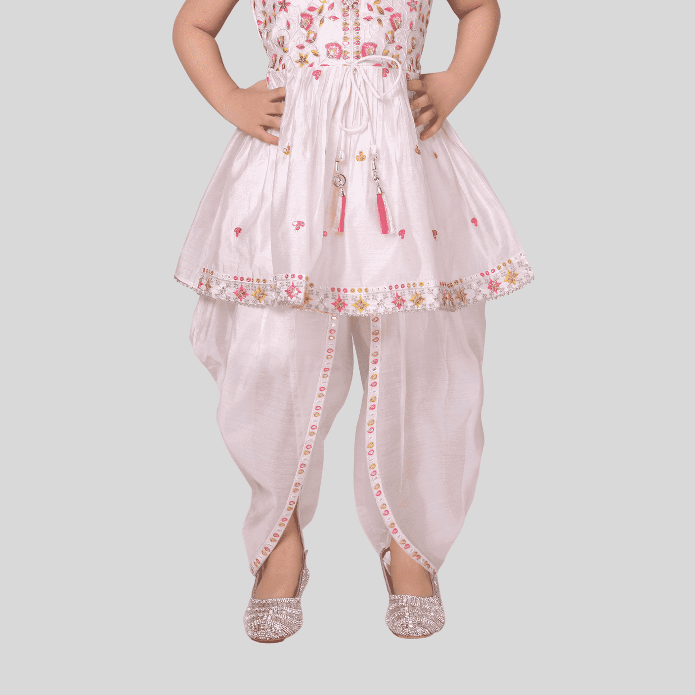 Girls' Cream Embroidered Peplum Kurti and Dhoti Set
