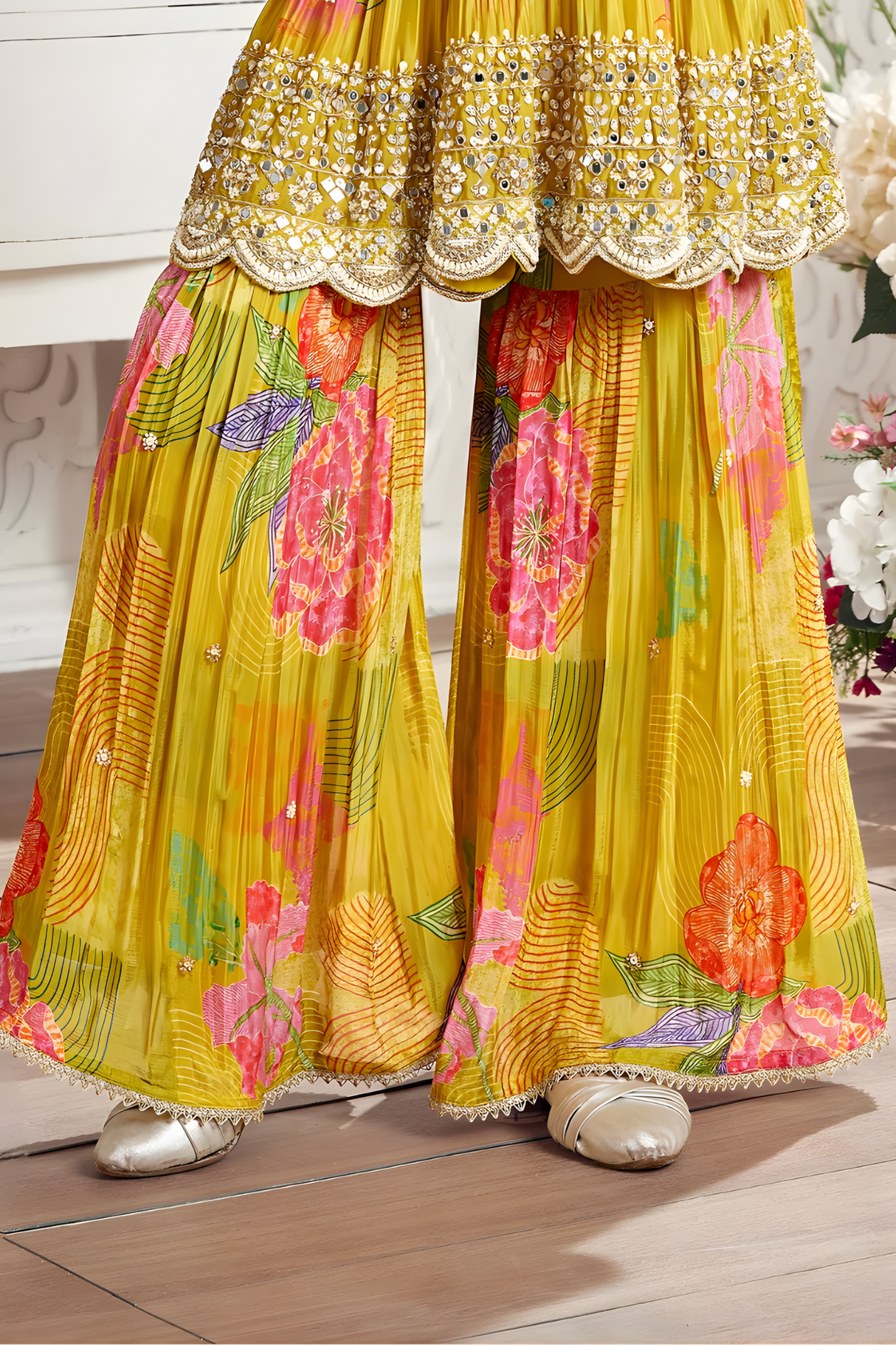 Girls' Yellow Floral Printed & Sequin Embroidered Sharara Set
