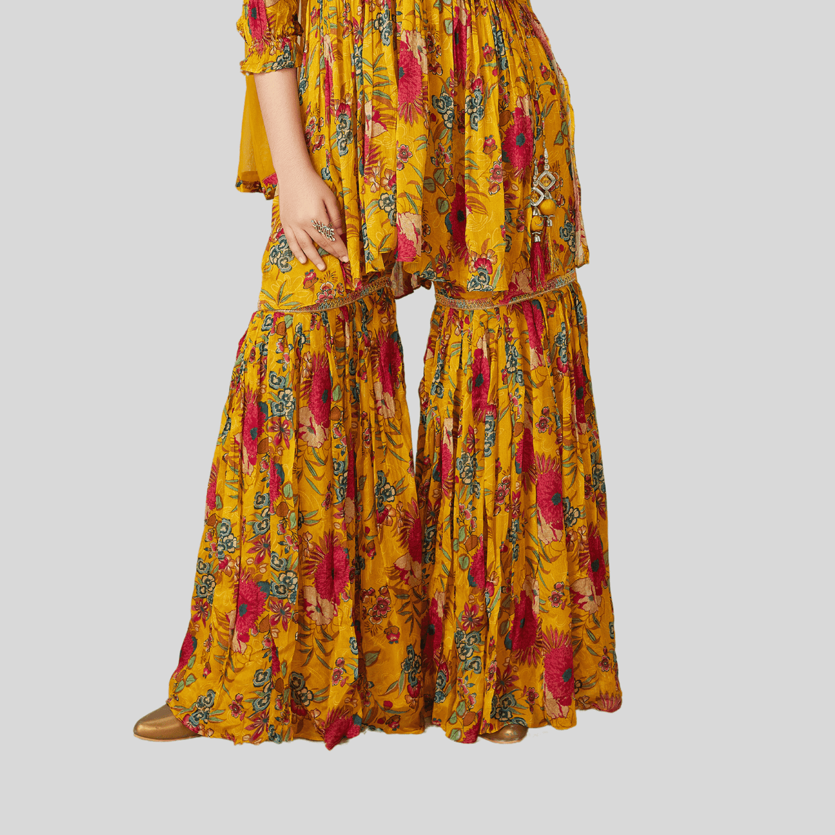 Girls Traditional 3/4th Sleeves Sharara Set - Yellow