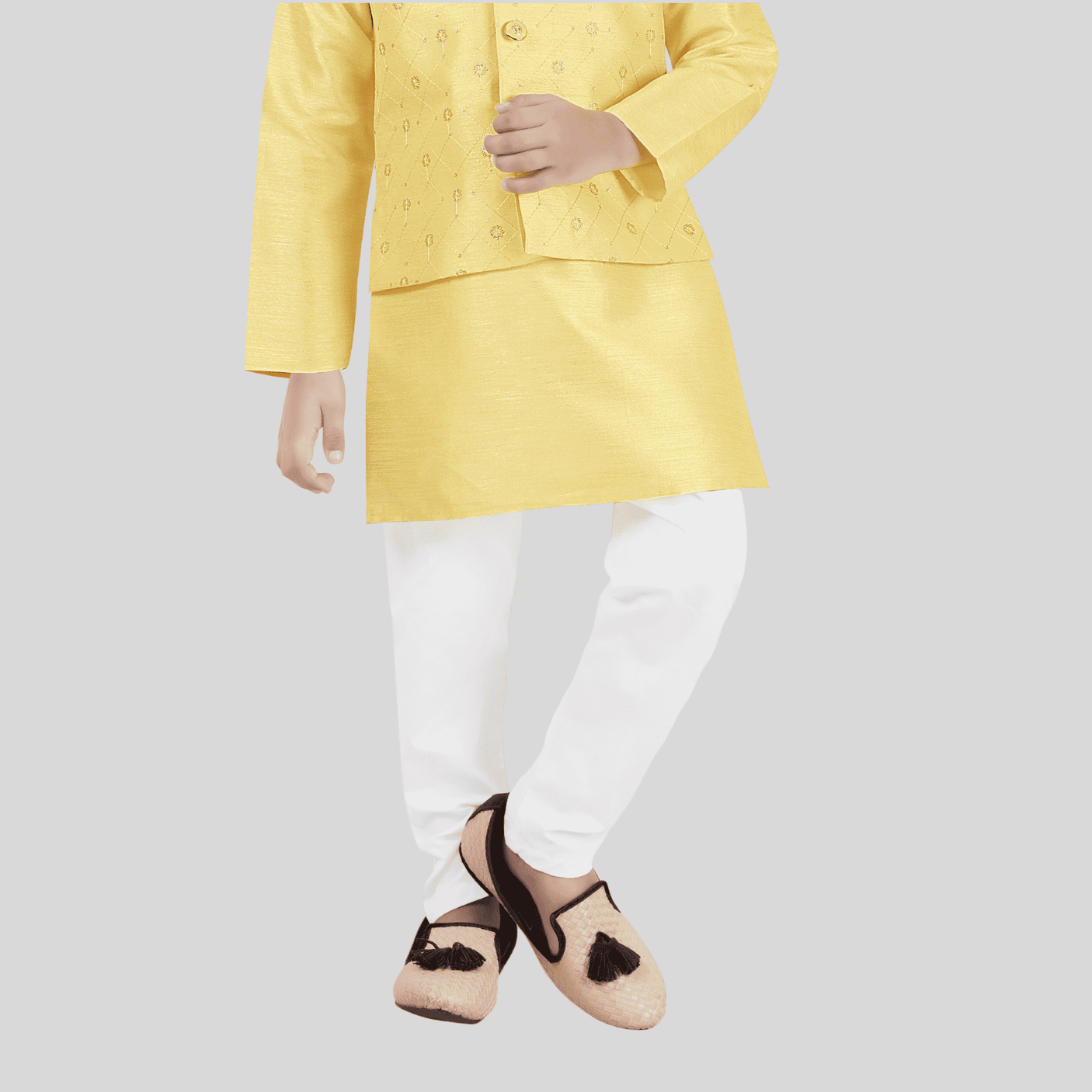 Boys Traditional With Work Chudidar Kurta with Koti - Yellow